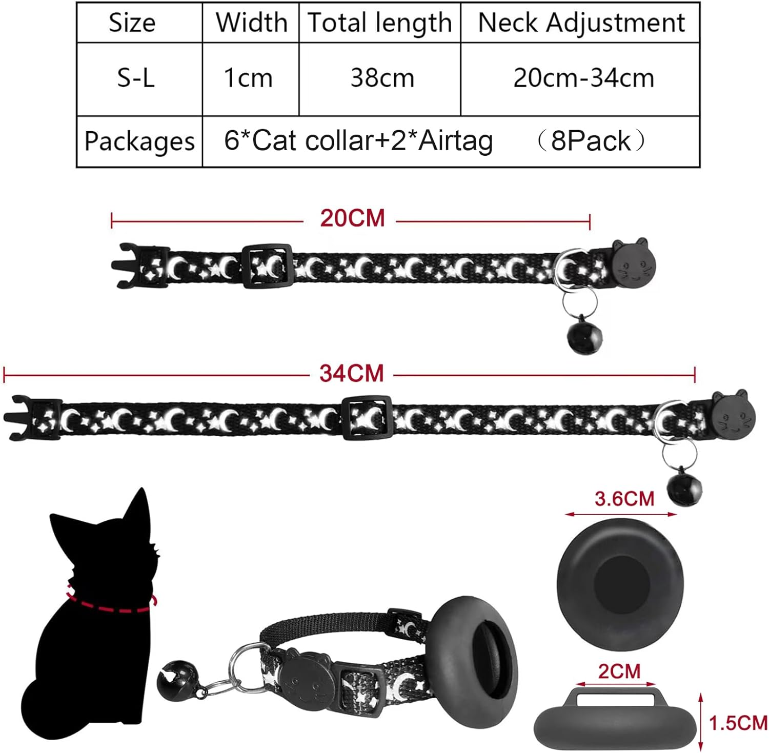 Airtag Cat Collar with Bell, Cat Collars Quick Release, Reflective Cat Collars with Safety Buckle, Adjustable 8-12" to Fit All Domestic Cats, Pet Supplies, Accessories, Gifts (8 Pack) image number 2