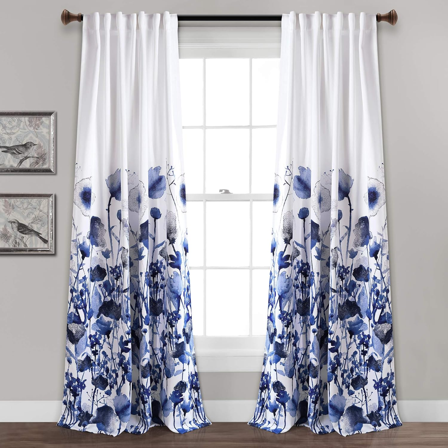 Lush Decor Lush D&Eacute;COR, Navy Zuri Flora Curtains Room Darkening Window Panel Set for Living, Dining, Bedroom (Pair), 84&rdquo; X 52
