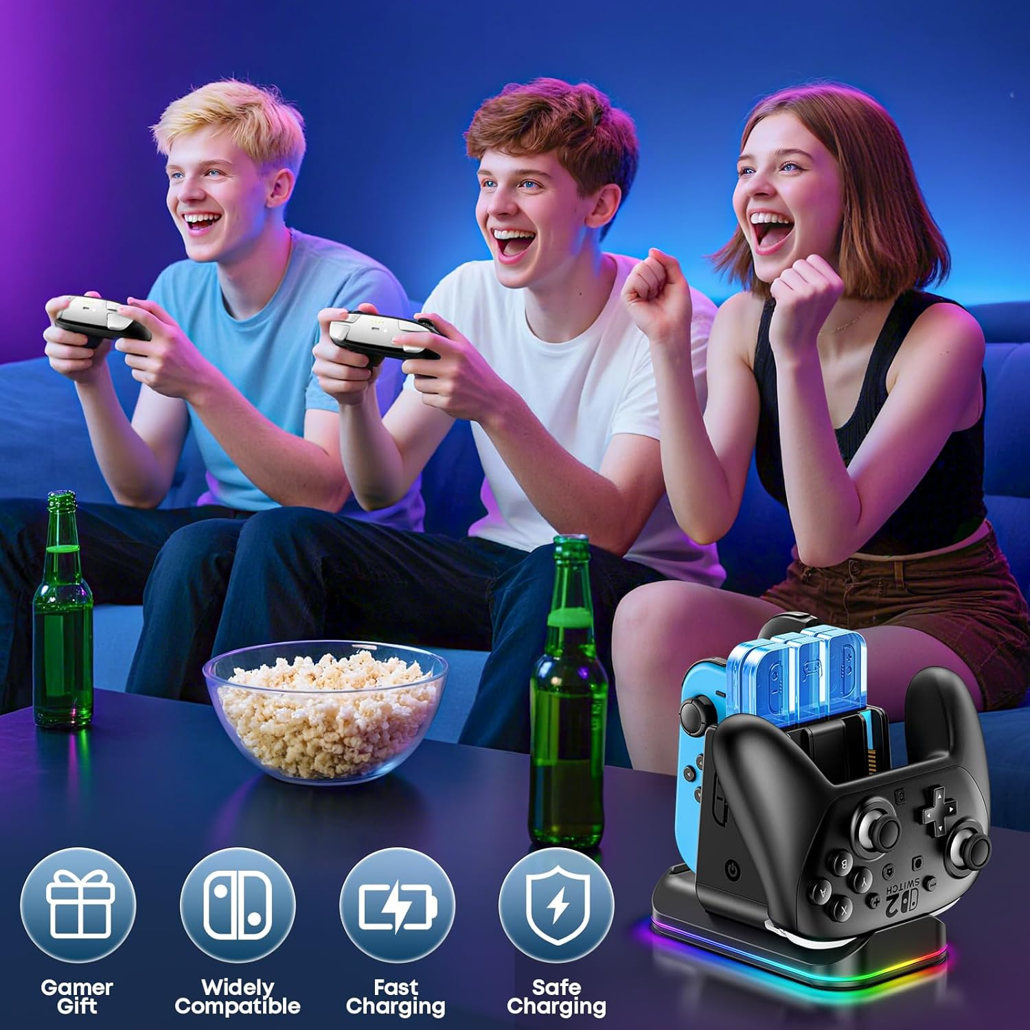 Switch Controller Charger for Joycon 2/1 & Pro 2/1 Controller, Switch Charging Dock with 9 RGB Light Modes, 6 in 1 Joycon Charger Dock for 4 Joycons and 2 Pro Controllers with LED Indicator image number 3