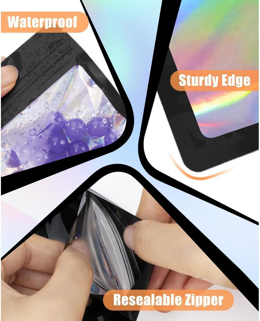Idopick 100 Pcs 2.76X3.94'' (7X10 Cm) Clear Window Smell Proof Mylar Bags Resealable Zip Lock Holographic Packaging Pouch Candy Bags for Food Storage Sample Beans Cookies Jewelry Supplies(2.8X4 Inch) image number 5