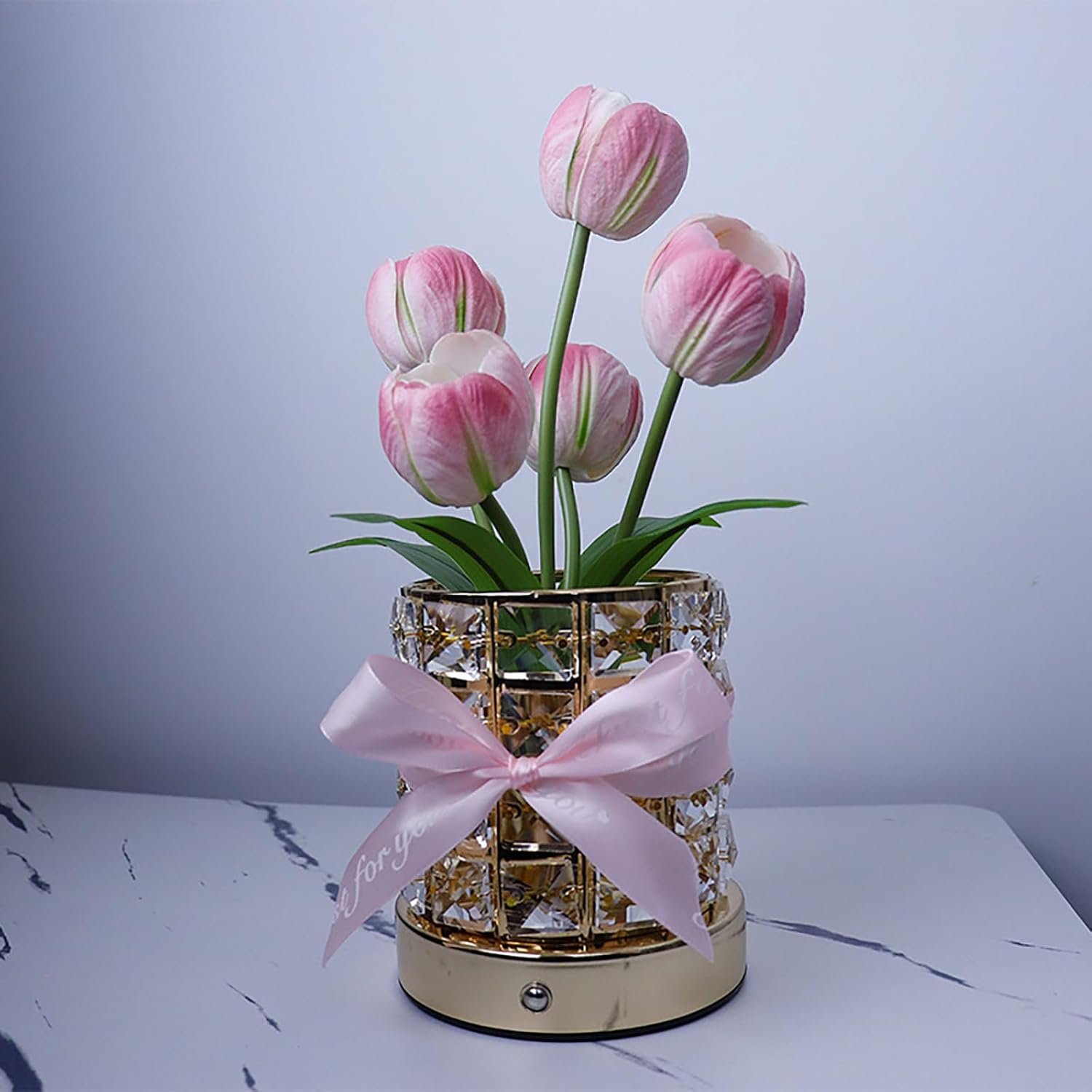 Tulip Crystal Flower Lamps, USB Rechargeable Cordless Lamps, 3 Colors Dimmable Artificial Flowers Light, for Home Date Party Decoration (Tulip Pink) image number 4