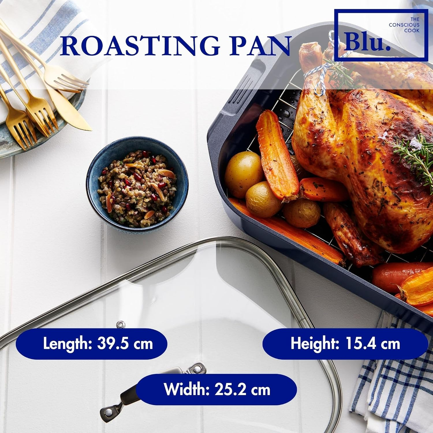 Blu. Cookware 34X24 Roaster with Lid, Roasting Rack - Toxin-Free, Durable Non-Stick Ceramic, Recycled Aluminium, Pfa/Pfoa-Free Roasting Pan Suitable for All Hobs, Includes Bamboo Cleaning Brush image number 2