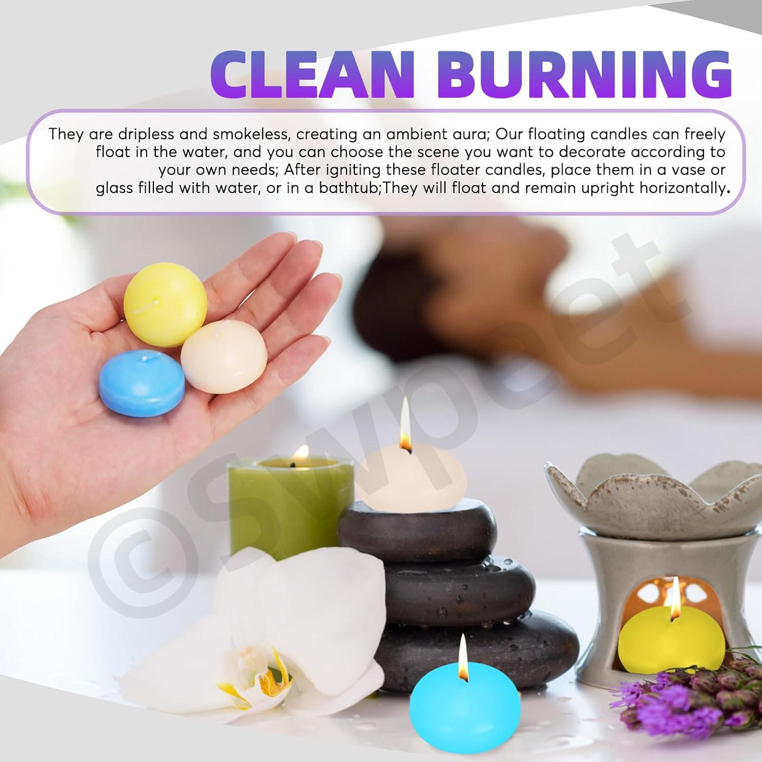 Swpeet 18Pcs 1.5 Inch Ivory/Yellow/Blue Unscented Floating Candles Set, Floating Discs Candles Driples Hand-Rolled Paraffin Wax Cotton Wicks for Centerpieces, Weddings, Parties and Christmas Home image number 4