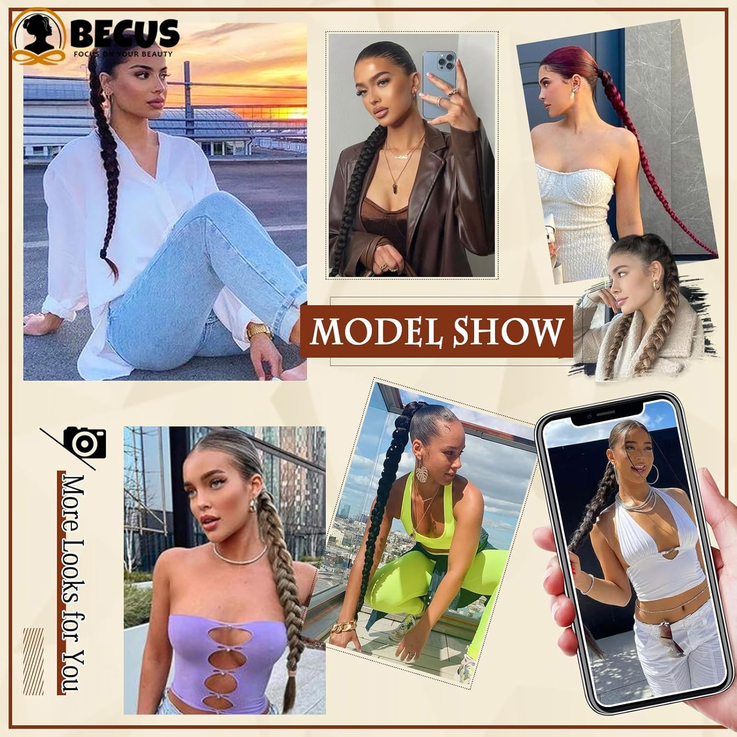 BECUS Long Braid Ponytail Extension with Elastic Tie Straight Sleek Wrap around Braid Hair Extensions for Women Ponytail Natural Soft Synthetic Hairpiece Black Brown 32 Inch(After Braided 30 Inch) - Blonde image number 7