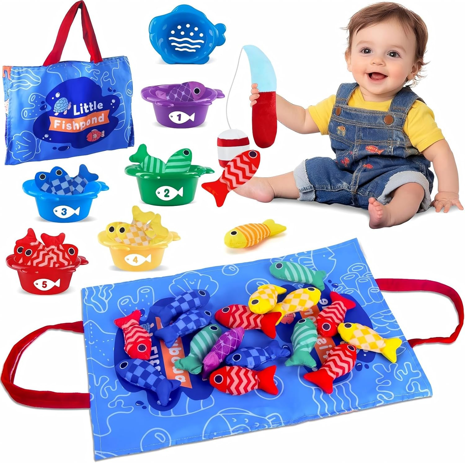Toddler Toys, Montessori Toys for 1 Year Old Boy Girl Birthday Gift, Cloth Fishing Game for Toddler 1-3, Sorting Learning Baby 6-12-18 Months, Cloth Fishing Game with Baby Stacking Cups image number 5