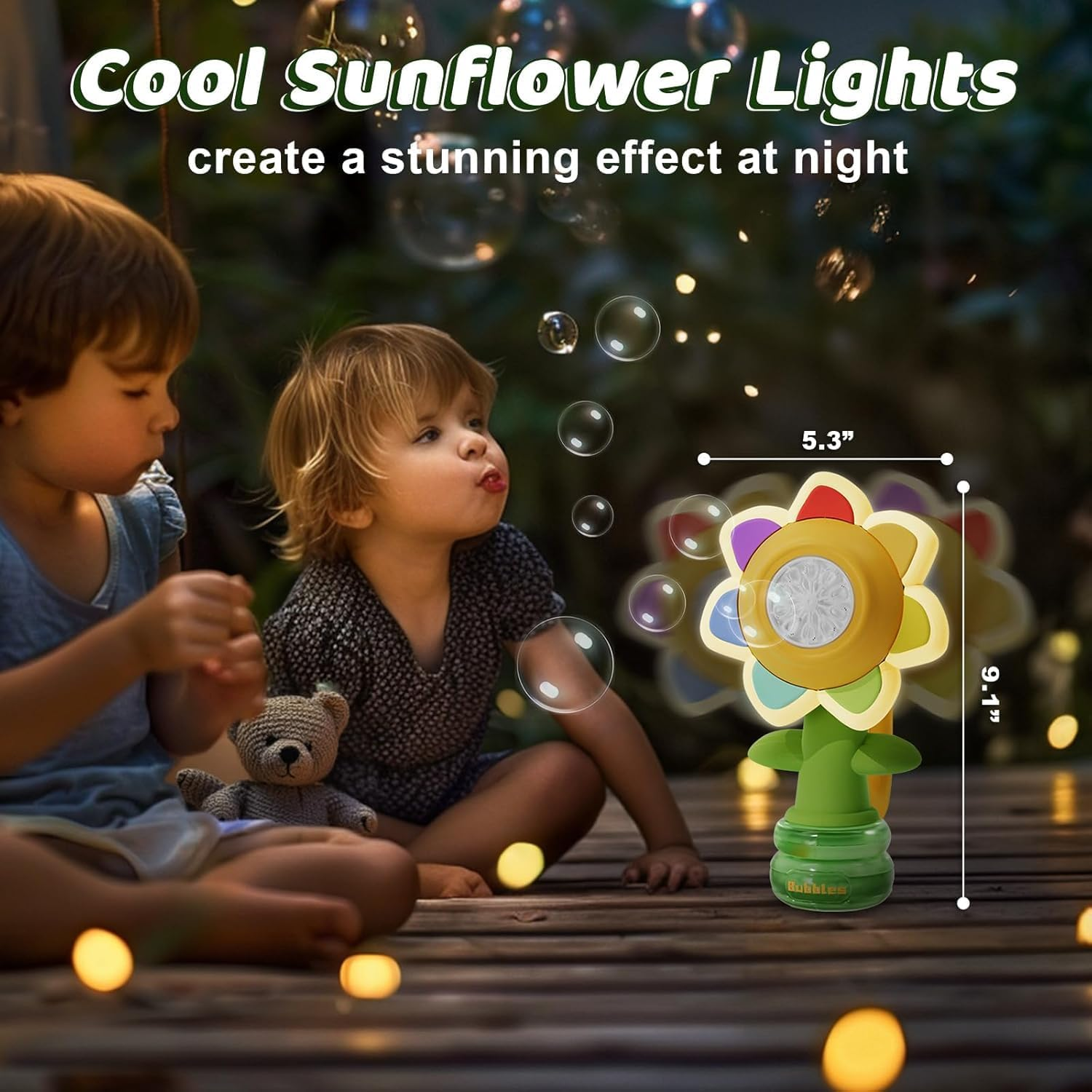 Bubble Machine for Kids, Automatic Sunflower Bubble Maker for Toddlers, Bubble Toys with LED Lighting & 10 Refill Solutions Rechargeable Bubble Blower for Indoor Outdoor Birthday Party Green image number 5