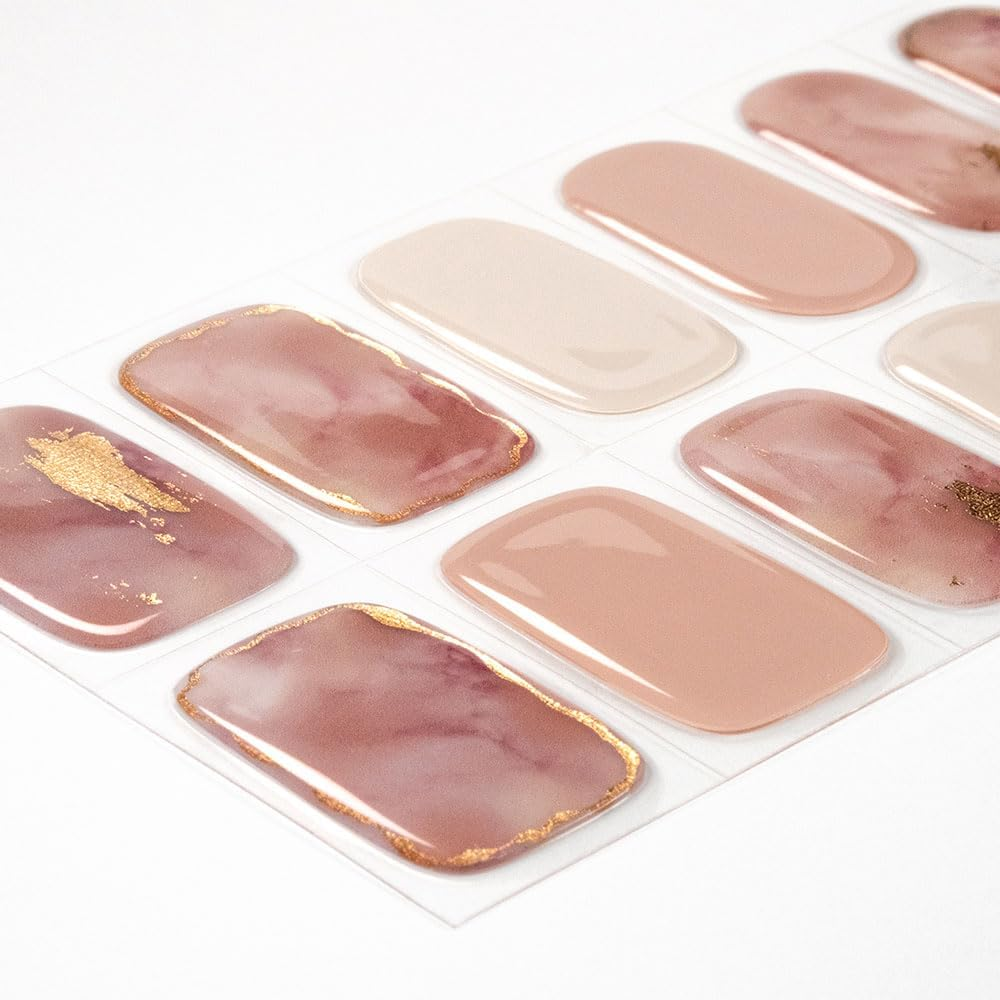 Wilana Gel Nail Stickers - Long-Lasting Semi-Cured Gel Nail Strips - Pink Marble and Gold (Nude Quartz) image number 6