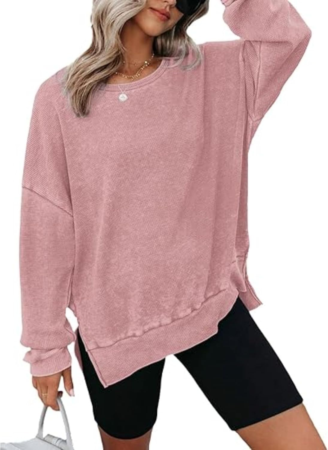Waffle Knit Tops for Women Long Sleeve Shirts Side Slits Oversized Sweater Pullover Oversized Crewneck Sweatshirts image number 1