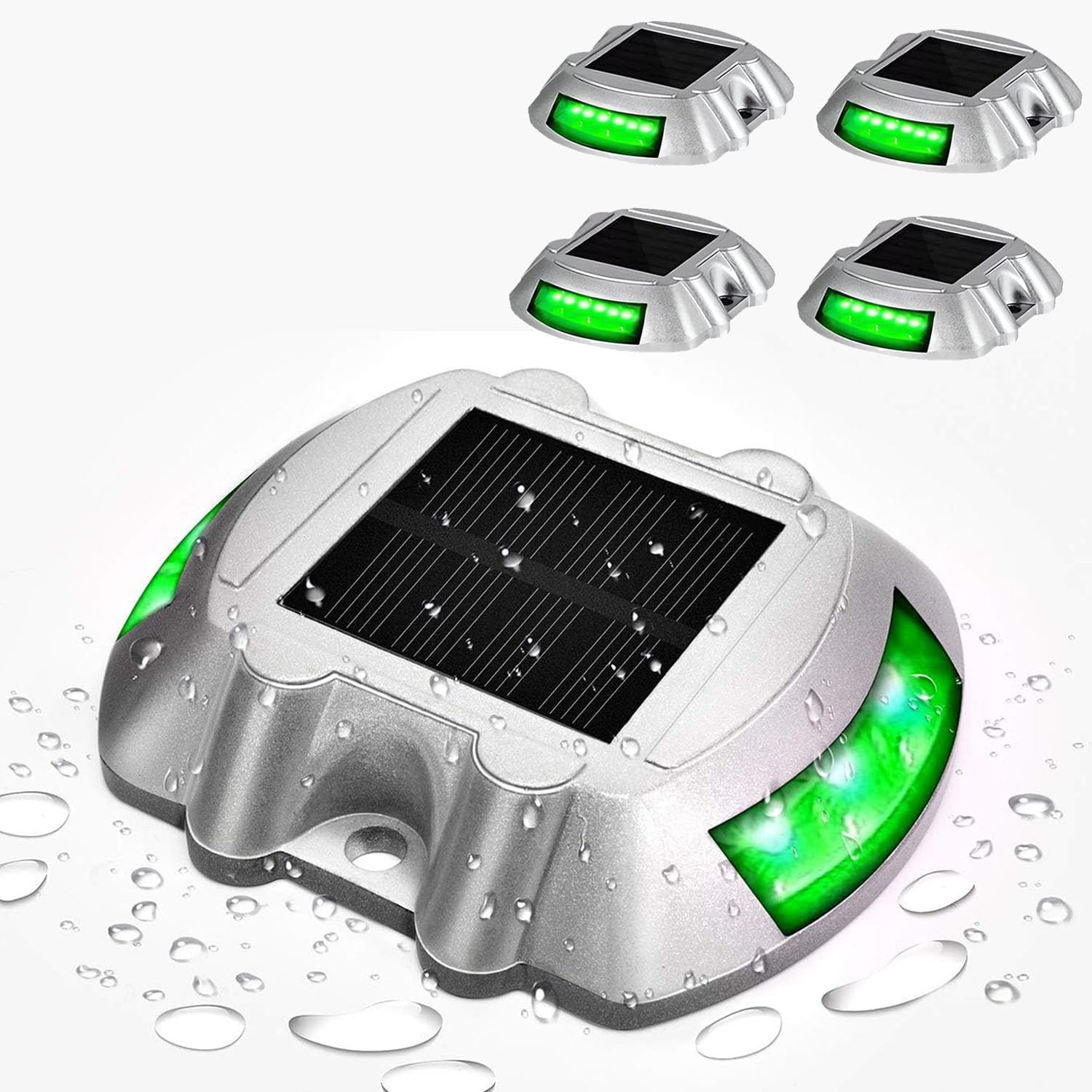 4Pack Solar Deck Lights LED Driveway Lights Solar Powered Dock Light Outdoor IP68 Waterproof Road Markers for Step Sidewalk Stair Boat Garden Ground Pathway Yard (Green) image number 1