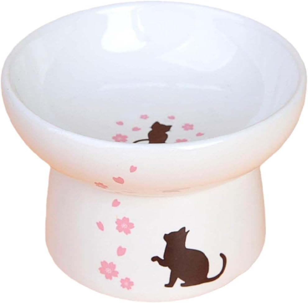Japanese Style Tall Ceramic Pet Bowl Adult Cat Drinking Bowl Cat Food Bowl Printed Ceramic Cat Bowl-Grain Bowl,White image number 3