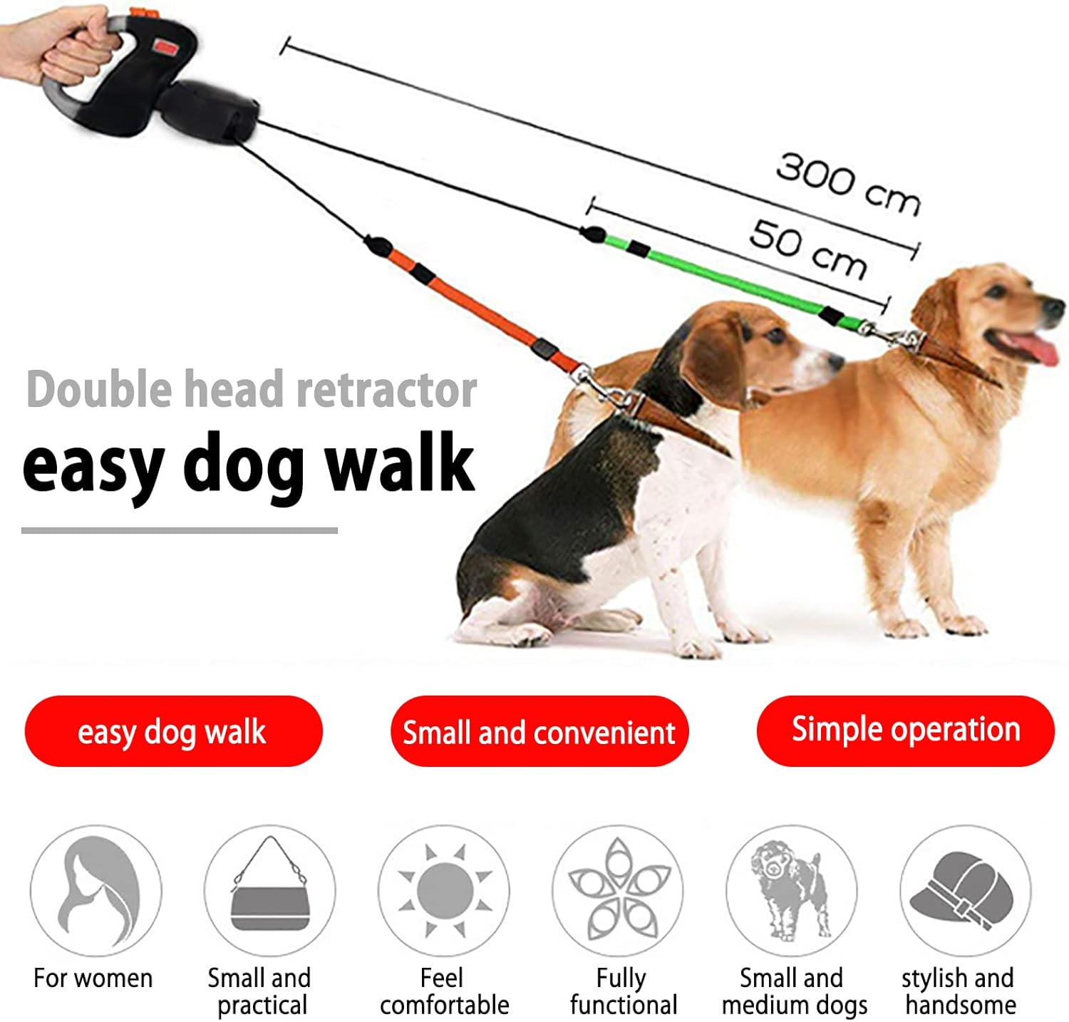 Double Dog Leash Lead 360&deg;No Tangle Heavy Duty Retractable Pet Leash Climbing Rope Material for Walking 2 Dogs