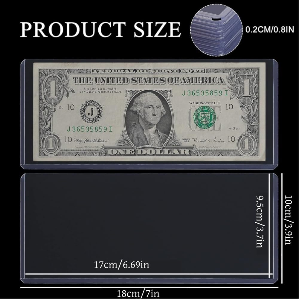 10PCS Bill Clear Holders, PVC Currency Display Sleeves Clear Paper Money Collection Supplies Pages Protect Page for Money Collection, Currency Protect, Regular Bills Protector Case (6.9 X 2.95 Inch) image number 1