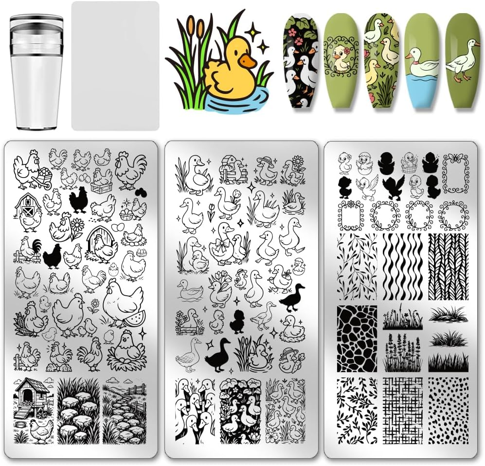 PH Pandahall 3Pcs Farm Theme Nail Stamp Plate Chickens Ducks Pattern Print Art Template Stainless Steel Nail Image Plate Farm Animals Nails Stencils for Women DIY Printing 4.7X2.3 Inch image number 2