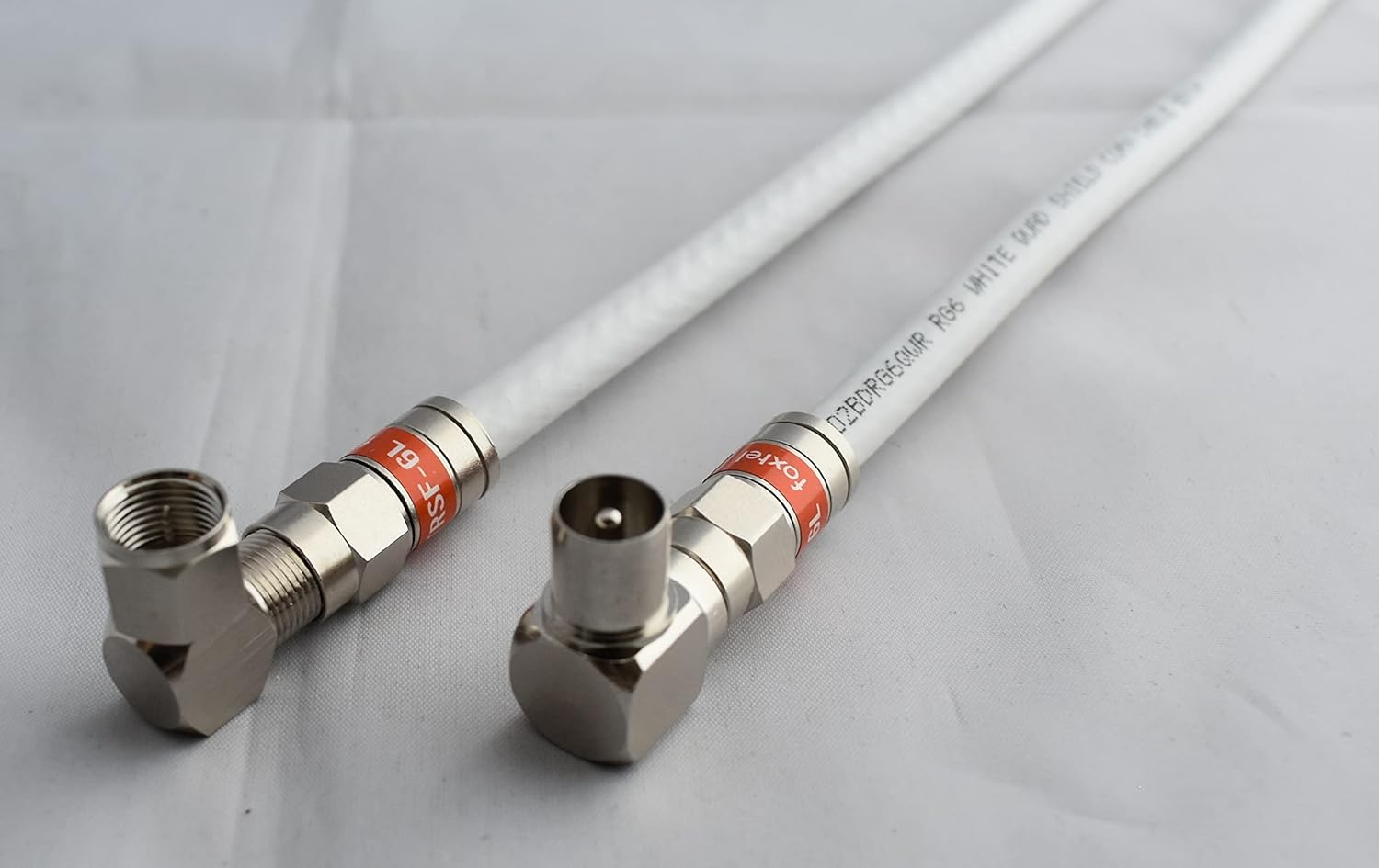 White RG6 Quad Shield Coax Cable F Male Right Angle to Pal Male Right Angle Flylead TV Antenna 0.5M-50M Lengths (5.0M)