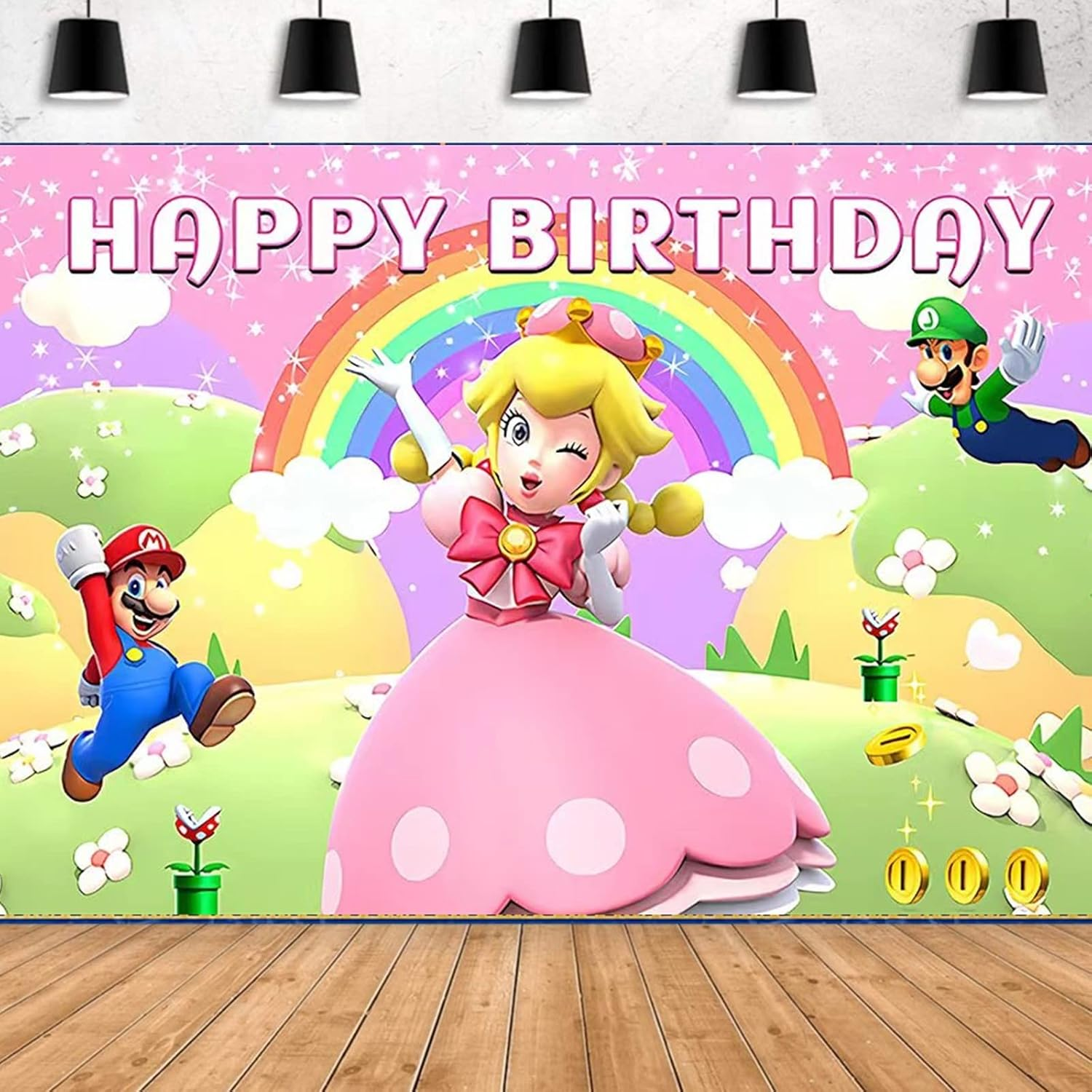 Princess Peach Birthday Party Banner Decoration, Kawaii Marioo Princess Peach Happy Birthday Party Backdrop 5 X 3Ft Photograpy Background for Kids Girls Boys Peach Fans Birthday Party Supplies