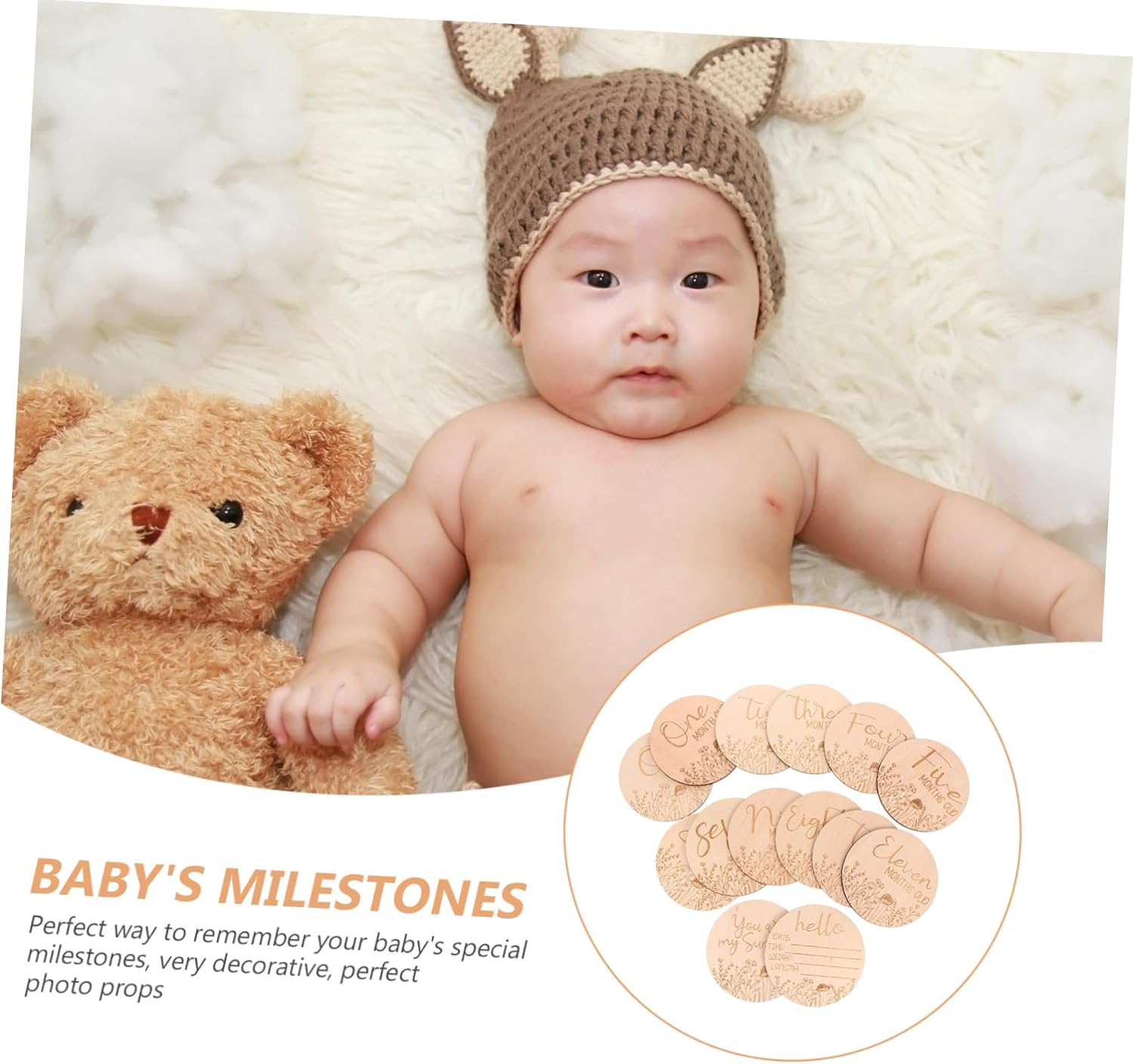 Minkissy 14Pcs Wooden Monthly Milestone Cards Set Photo Prop Cards for Parents for Documenting Growth and Special Moments Decorative Milestone Wooden Circles image number 6