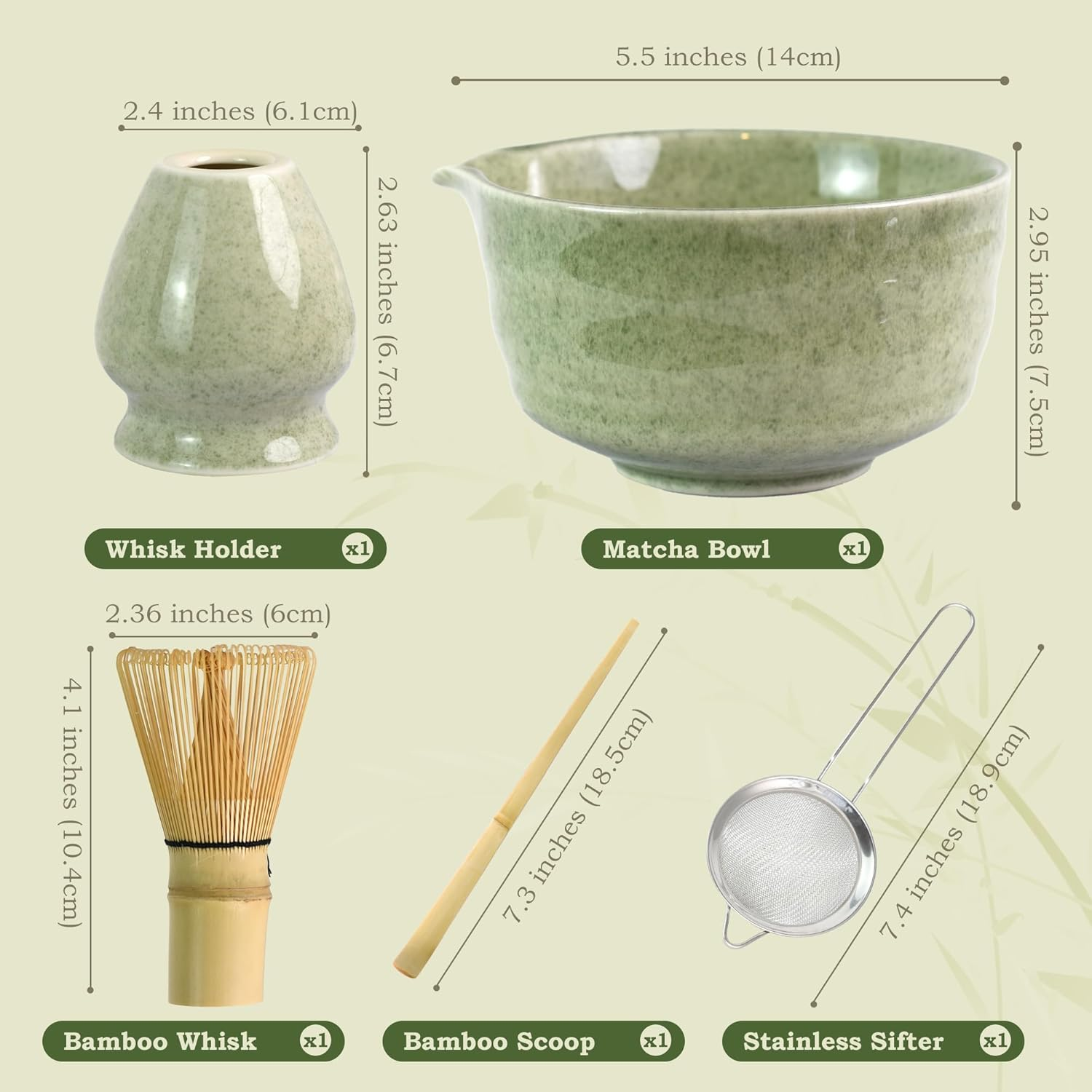 Myrthra 5PCS Matcha Whisk Set, Matcha Bowl with Spout, Bamboo Whisk, Bamboo Scoop, Ceramic Holder and Stainless Sifter for Tea Matcha Lover (Jade)