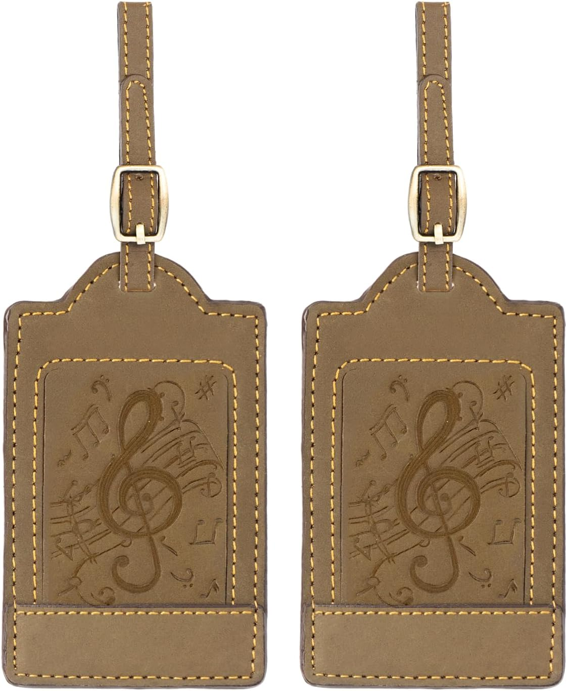 Sovereign-Gear - Two Brown Leather Luggage Tags - Music Embossed - Genuine Leather Luggage Tag for Suitcases, Stylish & Durable Travel Accessory