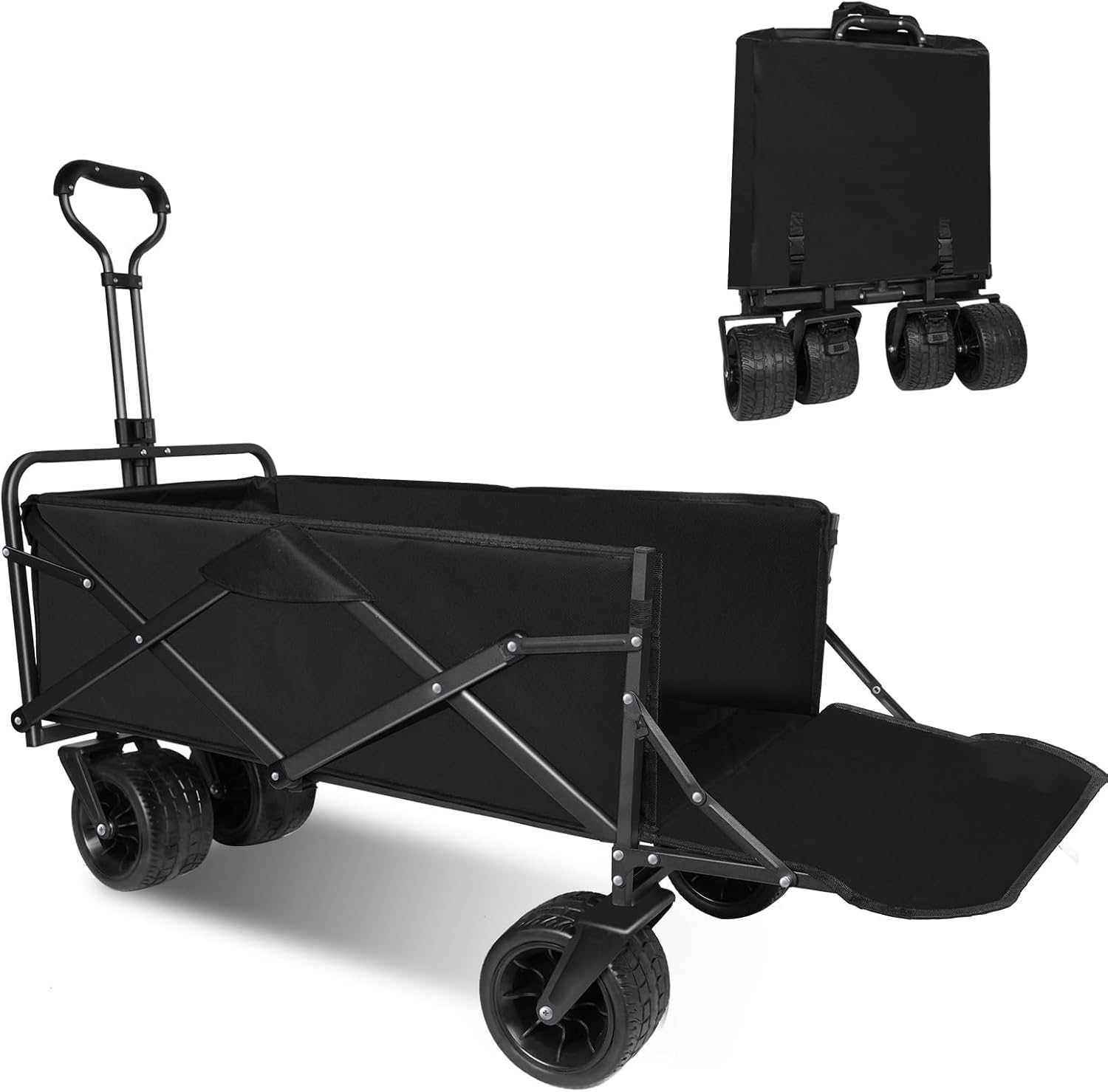 Foldable Wagon with Wheels, XICEN Portable Heavy Duty Collapsible Beach Cart, Large Capacity Utility Wagon for Shopping, Sports, Camping, Garden, Grocery (Black-Open Side)