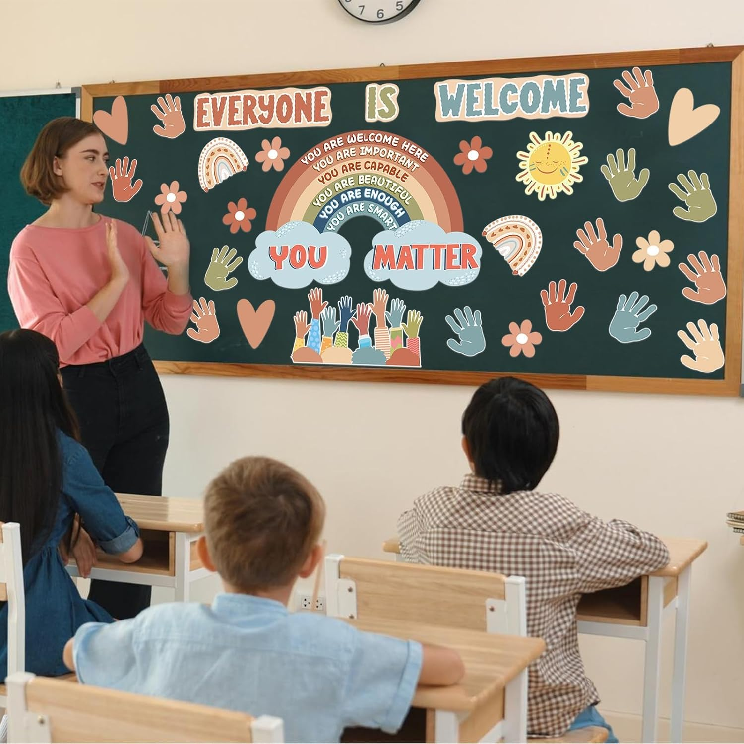VABAMNA Boho Bulletin Board Decorations for Classroom, 35Pcs Everyone Is Welcome Classroom Positive Motivational Inspirational Affirmation Wall Decor Boho Rainbow Cutouts for Teacher School Supplies