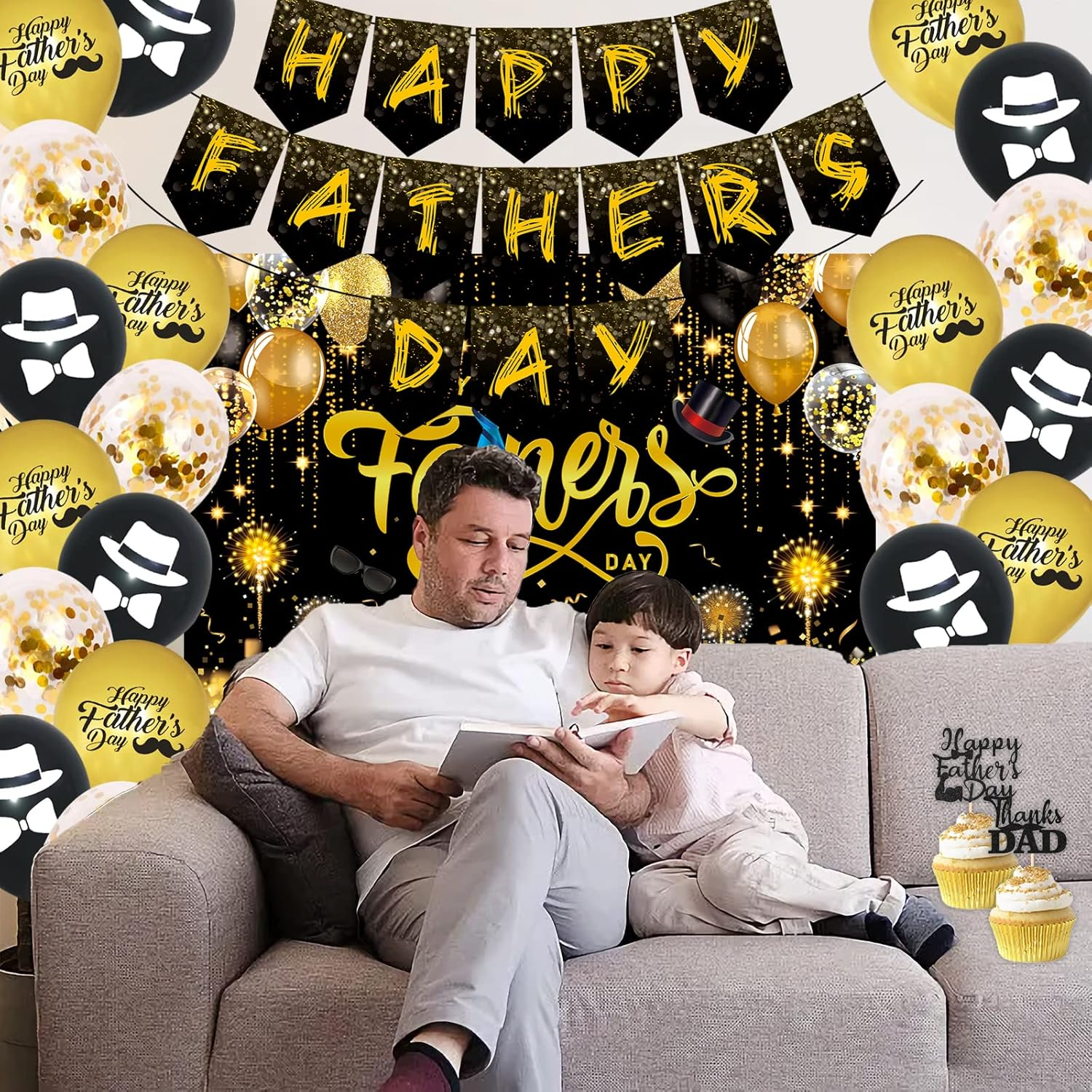 Fathers Day Decorations Kit, Black and Gold &ldquo;HAPPY FATHER'S DAY &rdquo;Banner，Cake Topper, Glitter Black Backdrop for Dad'S Party Decor