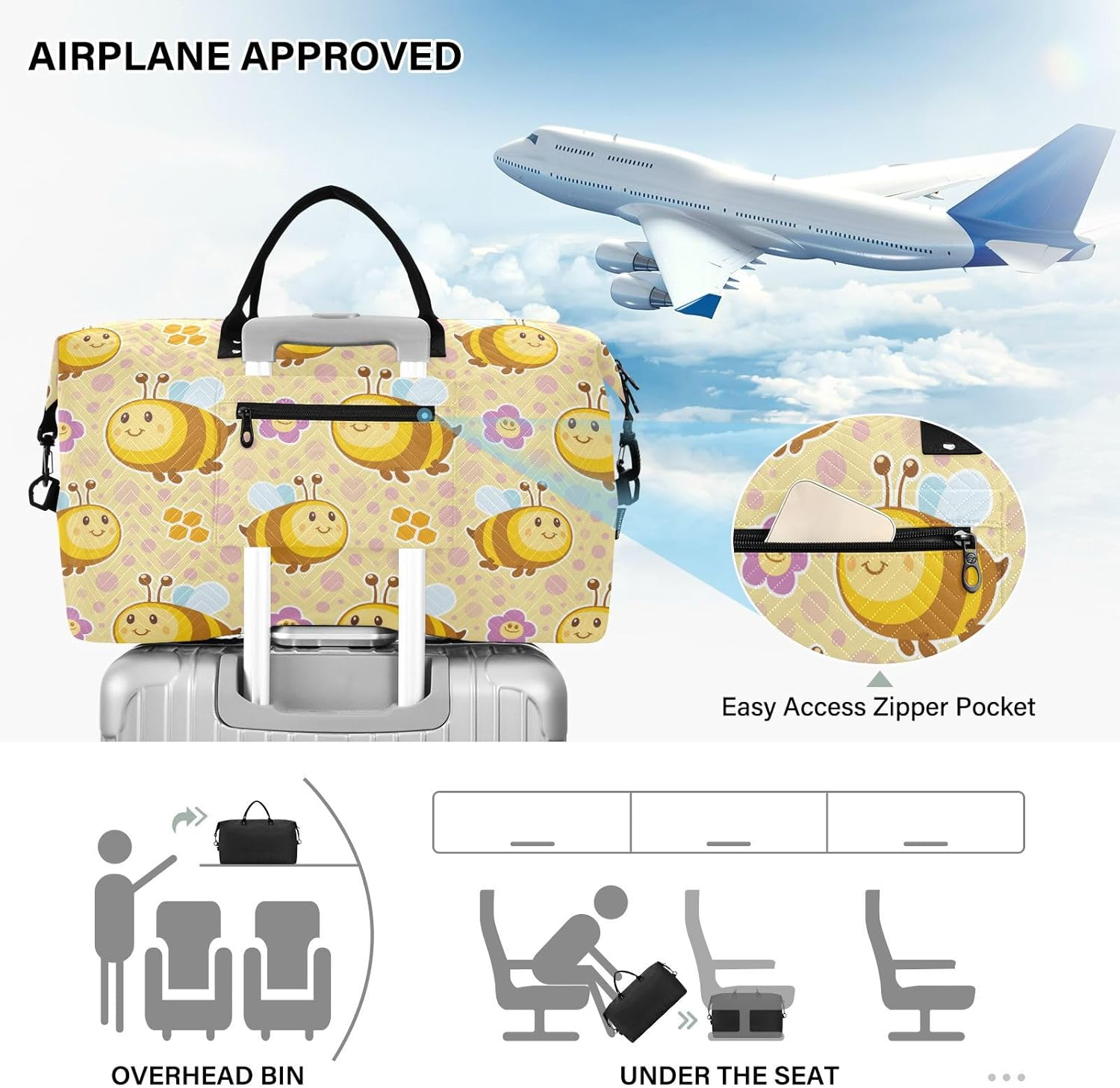 Travel Hand Bag Travel Weekender Gear Bag Cute Bees Happy Good Luck and Flowers Yellow Sport Training Bag With, Cute Bees Happy Good Luck and Flowers Yellow, Set of 2, Art Deco image number 2