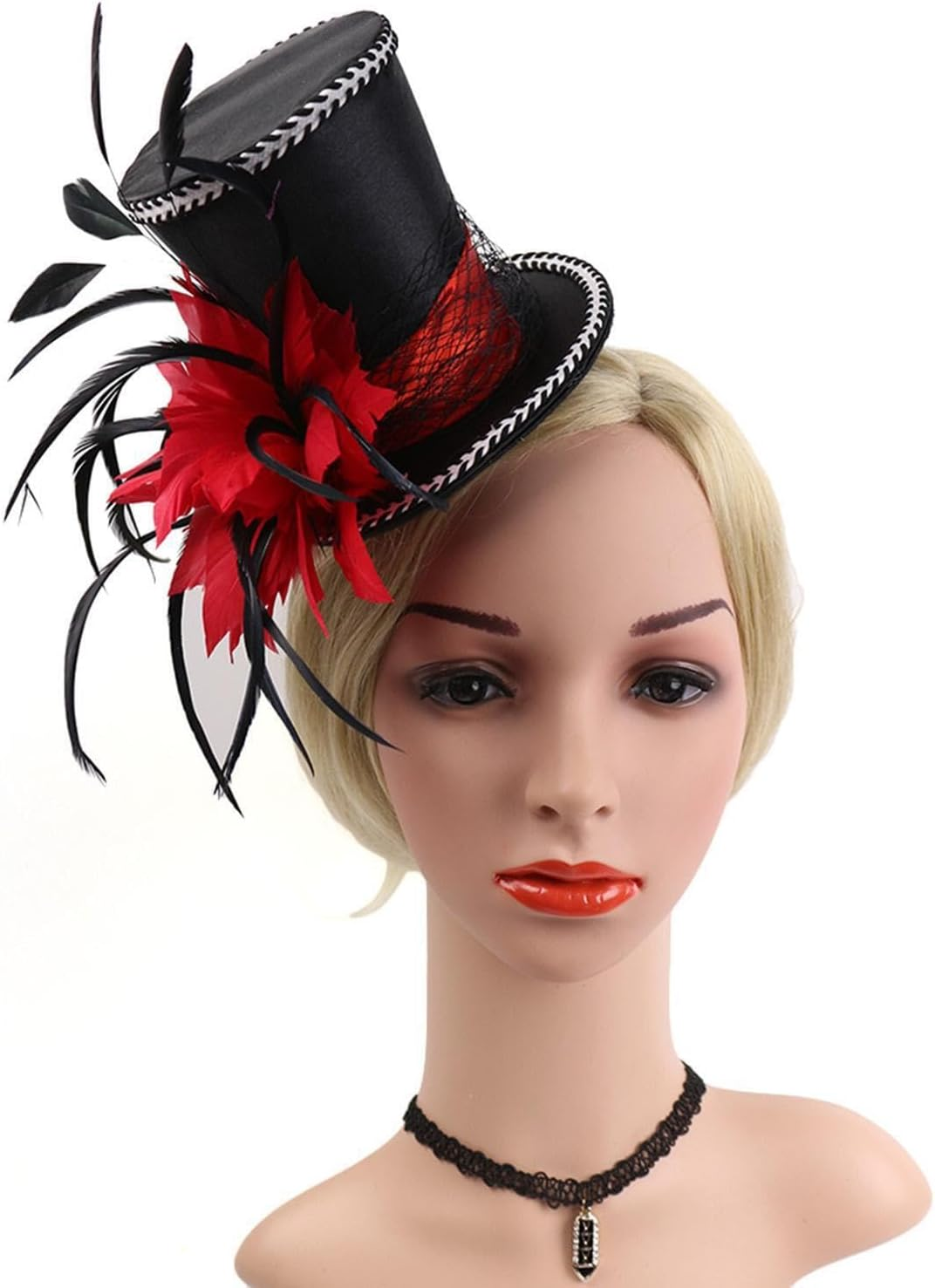 Exquisite Vintage Feather Fascinator Top Hat for Wedding Bridal Woman Fancy Dress, Red image number 2
