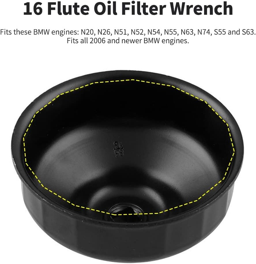 DEDC 3.39Inch/86Mm 16 Flutes Aluminium Oil Filter Wrench for BMW, Oil Filter Housing Cap Removal Tool for N20, N26, N51, N52, N54, N55, N63, N74, S55, S63 BMW Engines (Black) image number 3