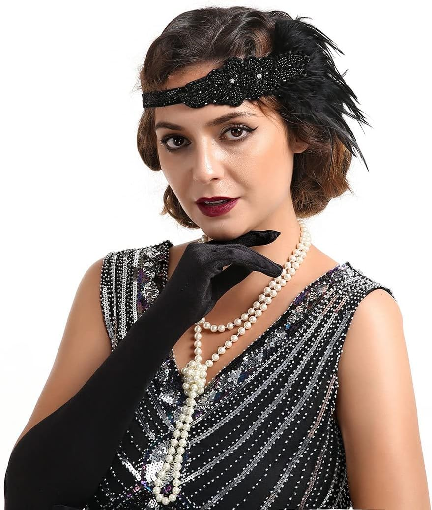 1920S Women'S Feathered Clamshell Vintage Headwear Roaring 1920S Awesome Headband and 1 Pair of Vintage Gloves image number 6
