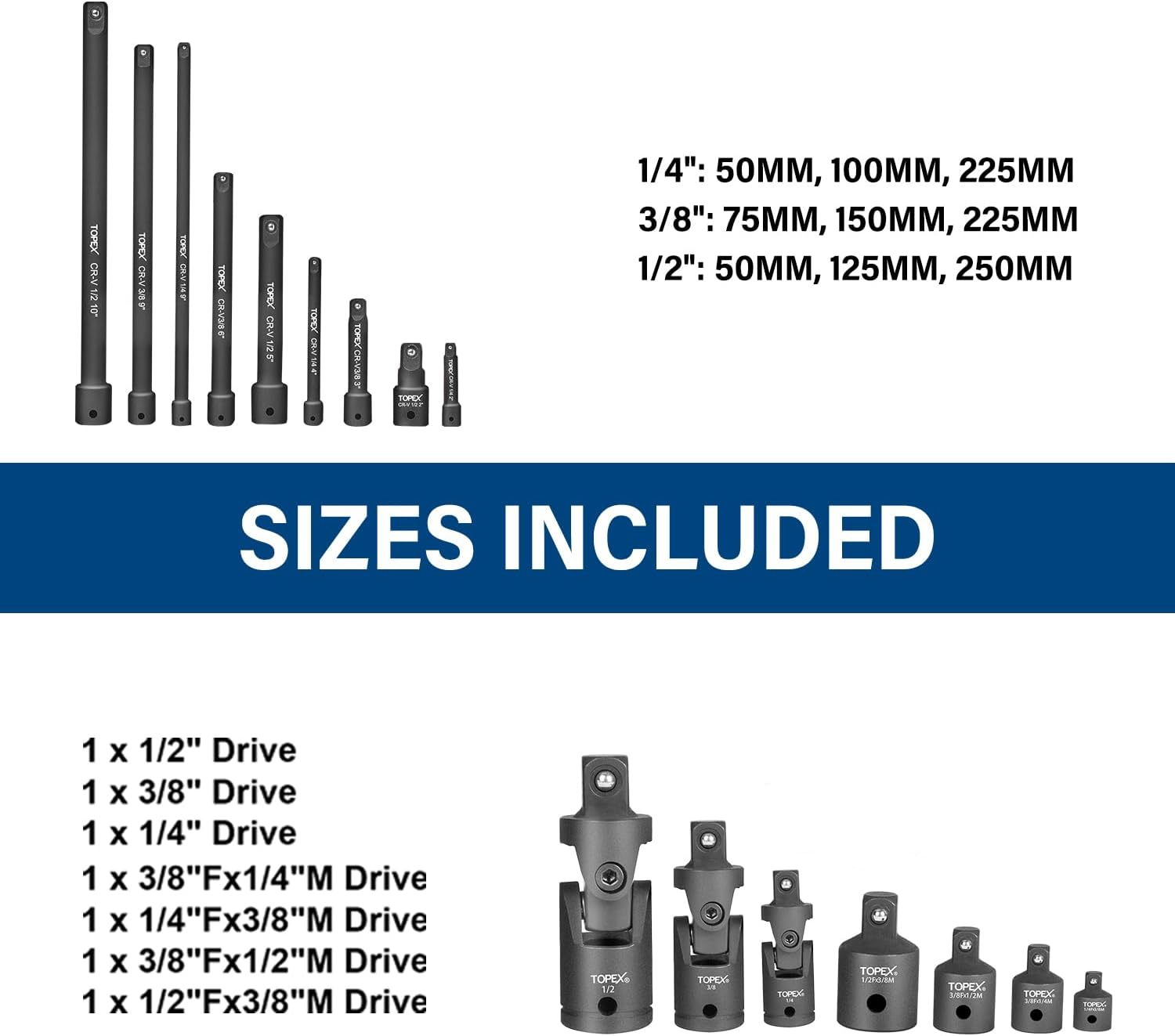 TOPEX 16-Piece Socket Adaptor& Extension Bar Set image number 4