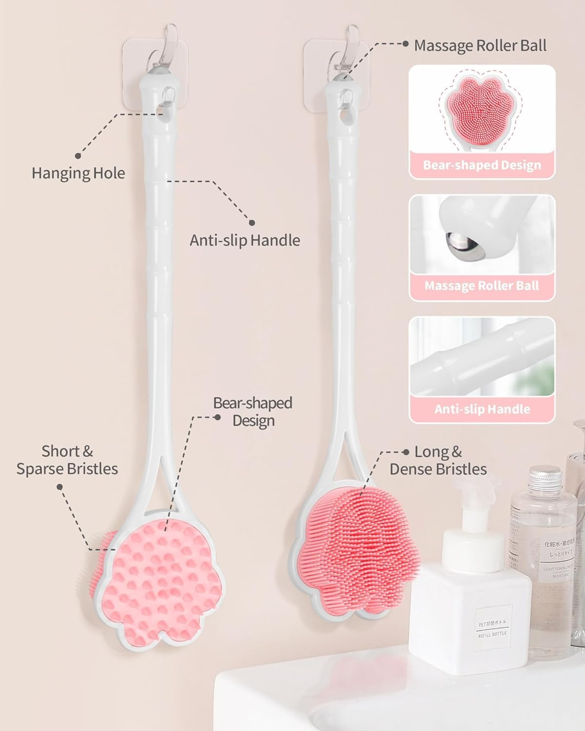 15.7 - Inch Long - Handle Silicone Back Brush, a Dual - Purpose Back Brush for Showering with Ultra - Soft Silicone Bristles, It'S a Bear - Shaped Body Shower Brush That Can Be Hung to Dry Ideal for Scrubbing the Back and Suitable for Sensitive Skin (Pink) image number 6