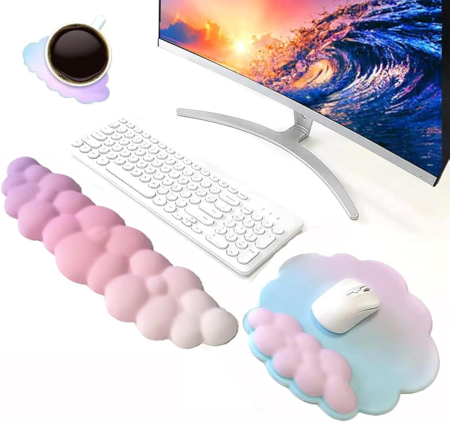 17'' Cloud Keyboard Wrist Rest, 2 Pcs Mouse Pad Wrist Support Keyboard Set with Ergonomic Memory Foam, Cloud Keyboard Anti-Slip Base, Computer Palm for Home Office Laptop Desktop (White)