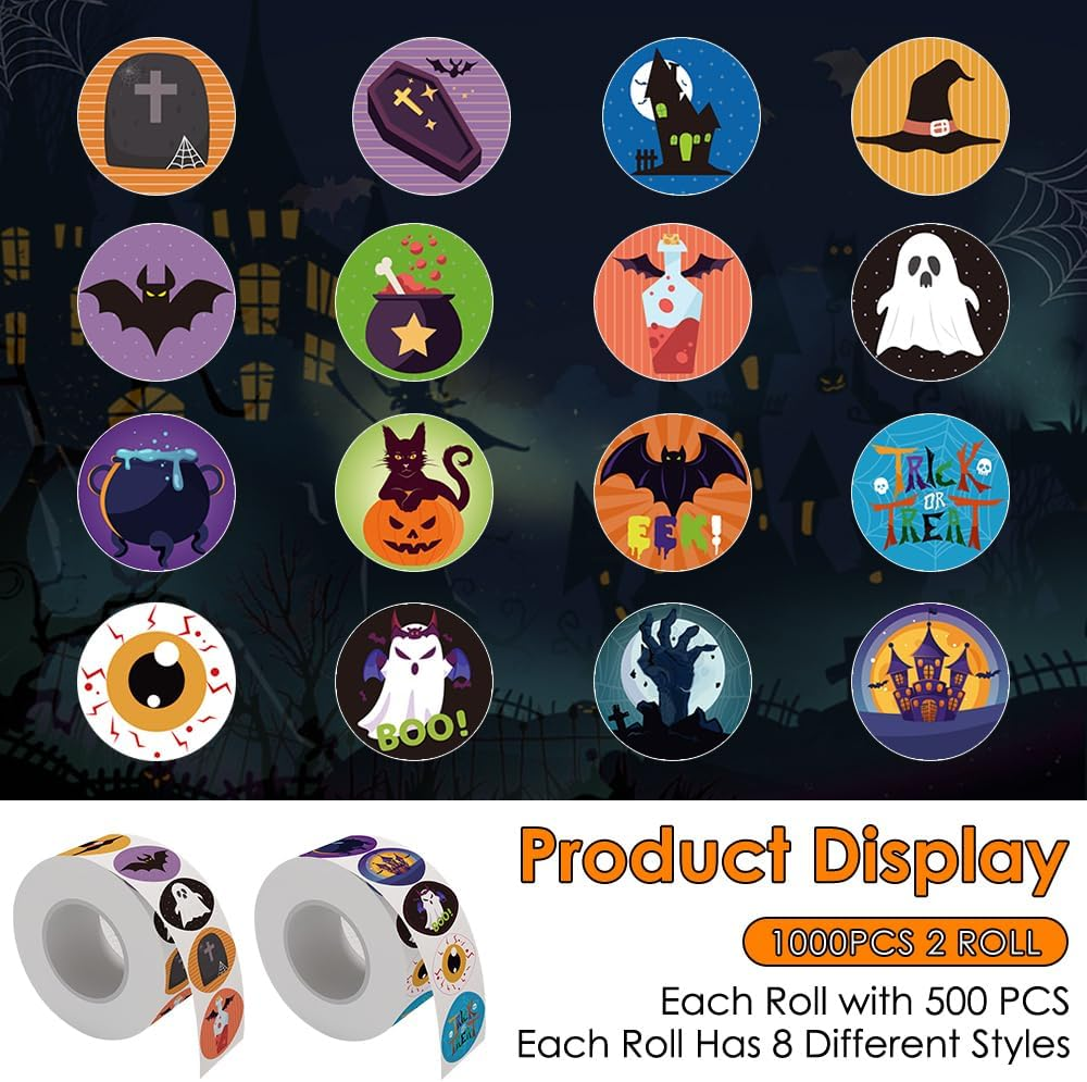 AUTOWT Halloween Stickers, 1000 PCS Halloween Pumpkin Bat Spider Cute Stickers Roll with 16 Patterns, Decorating Stickers for Laptop Water Bottle Crafts Scrapbooking for Adults Teens Gifts image number 1