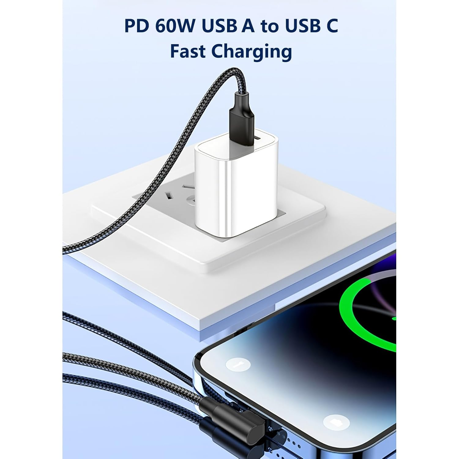 AMITOME Elbow USB a to USB C Cable Nylon Braided 60W 2M(2 Pack) USB Type C Fast Charging Cable for Iphone 16/16 Plus/16 Pro Max/15/15 Plus/15 Pro Max-Black image number 5