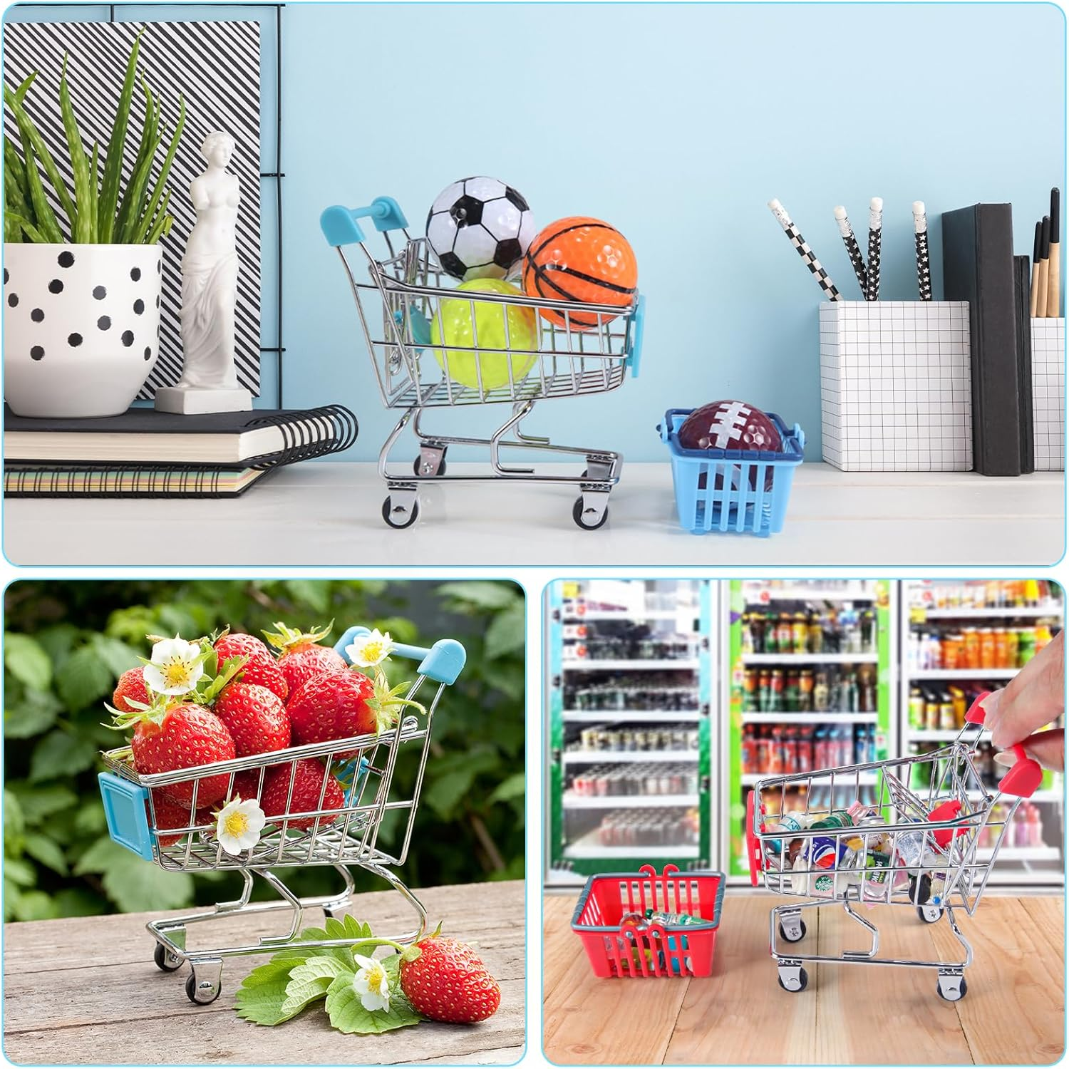 HSJH 134Pcs Mini Shopping Cart Basket Miniature Food Drink Bottle Supermarket Metal Handcart Toys Doll House Store Cosplay Game Dollhouse Grocery Fruit Cake Bread Party Trolley Model Dollar Bills image number 2