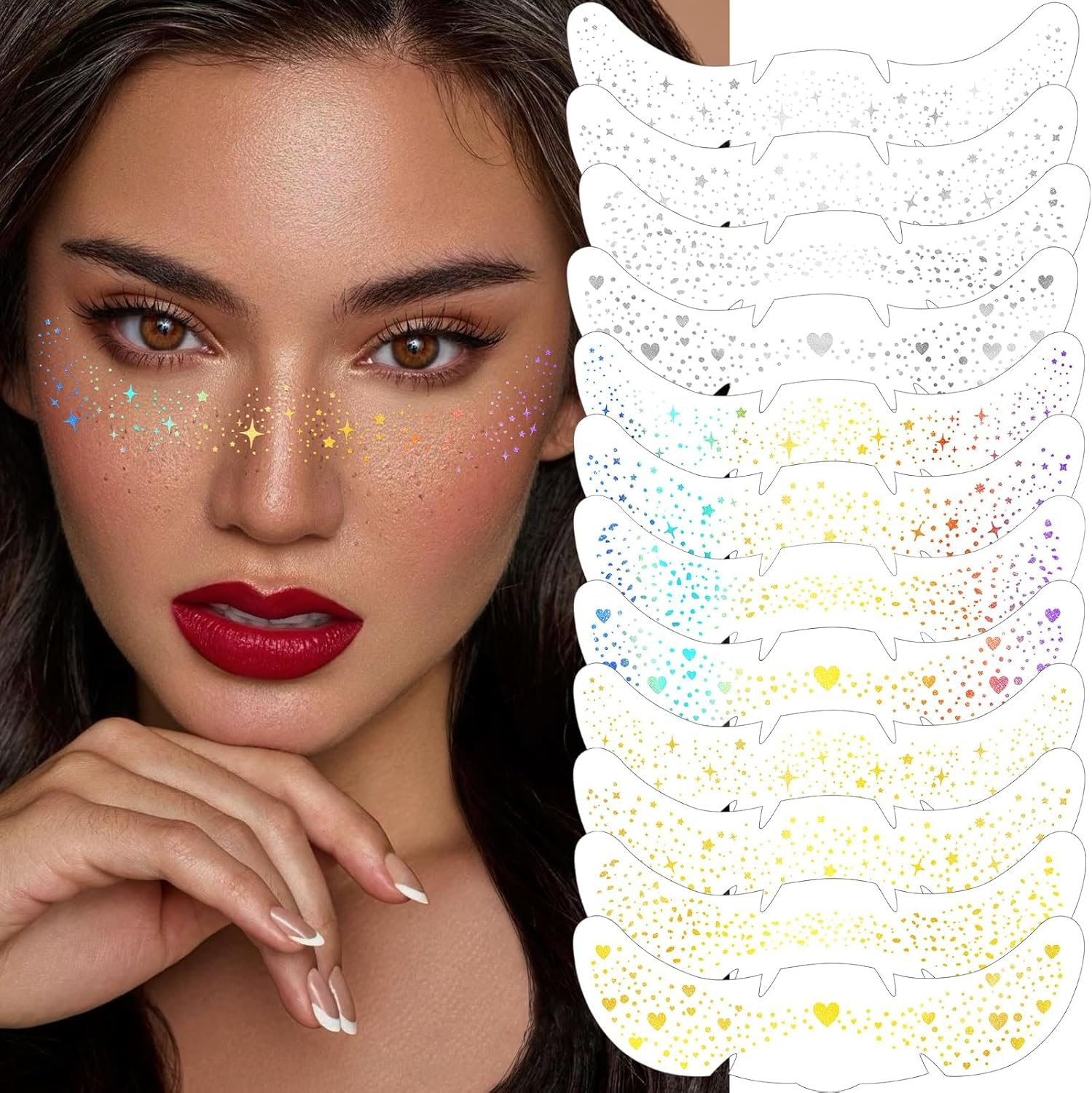 12Pcs Face Glitter Freckles, Face Glitter Fake Freckles Sticker, Gold Sliver Holographic Multichrome Waterproof Sparkle Freckles Makeup Patches for Women Rave Festival Accessories Party Prom