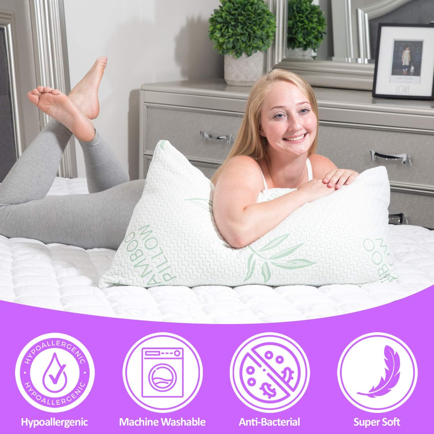 King Size Rayon Derived from Bamboo Pillow for Sleeping, Cooling Shredded Memory Foam Bed Pillows Set &ndash; Back, Stomach, Side Sleeper, Removable Cover, Adjustable Firmness, King (Pack of 1)