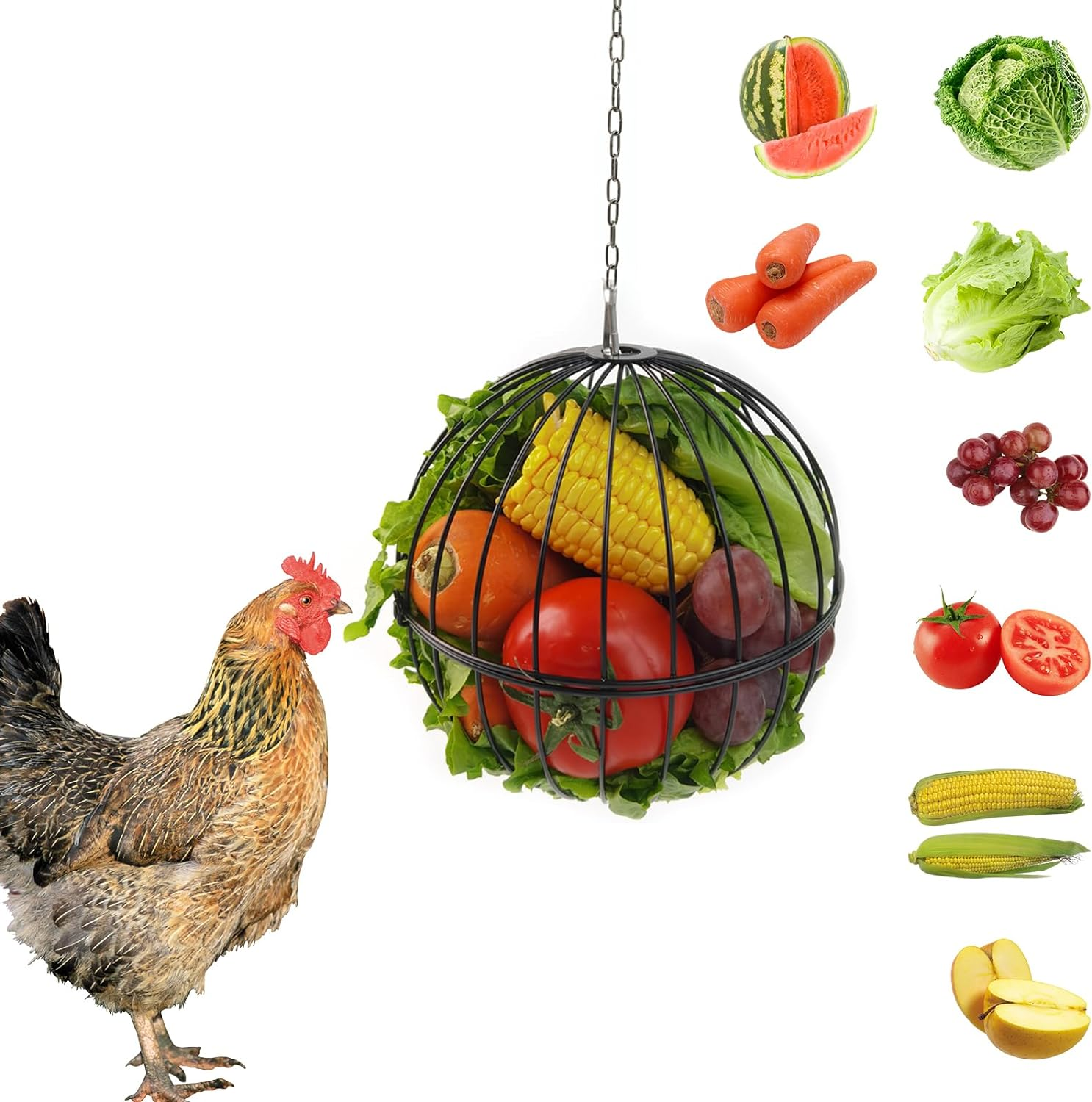 Hanging Chicken Feeder - 7.1 Inch Large Iron Chicken Veggie Treat Ball - Sturdy Chicken Treat Holder with 15.7 Inch Hanging Chain - White