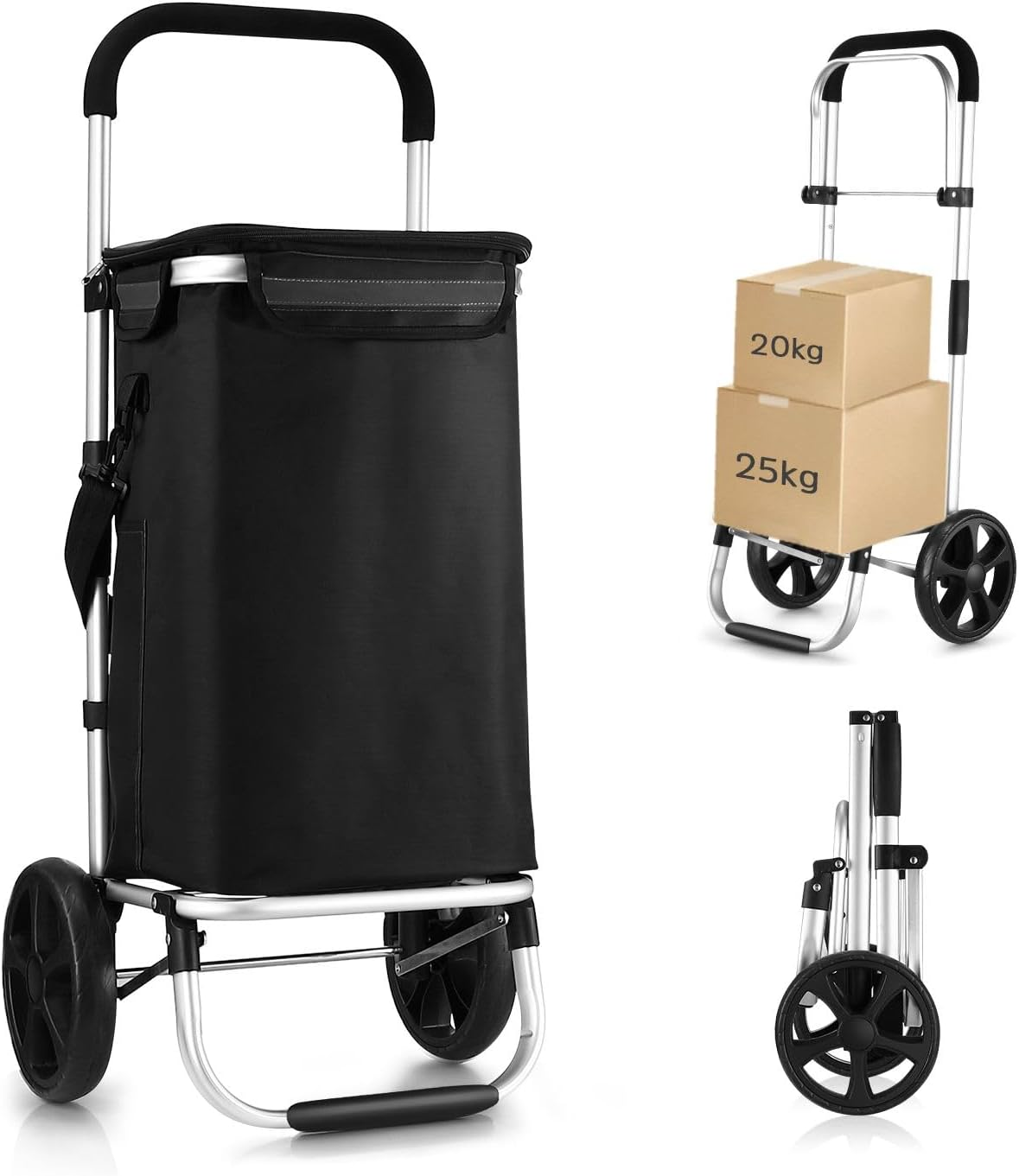 Waterproof Shopping Cart Foldable Trolley Aluminium Grocery Bag with Wheels Black 45L