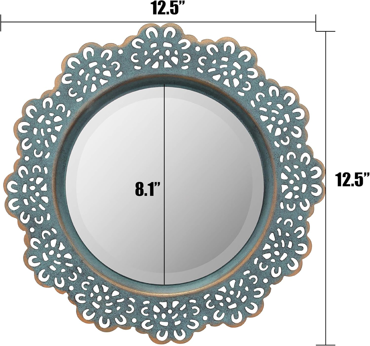 Stonebriar Decorative 12.5" round Turquoise Metal Lace Wall Mirror with Attached Hanger, Country Rustic Decor for the Living Room, Bedroom, Bathroom, Hallway, and Entryway