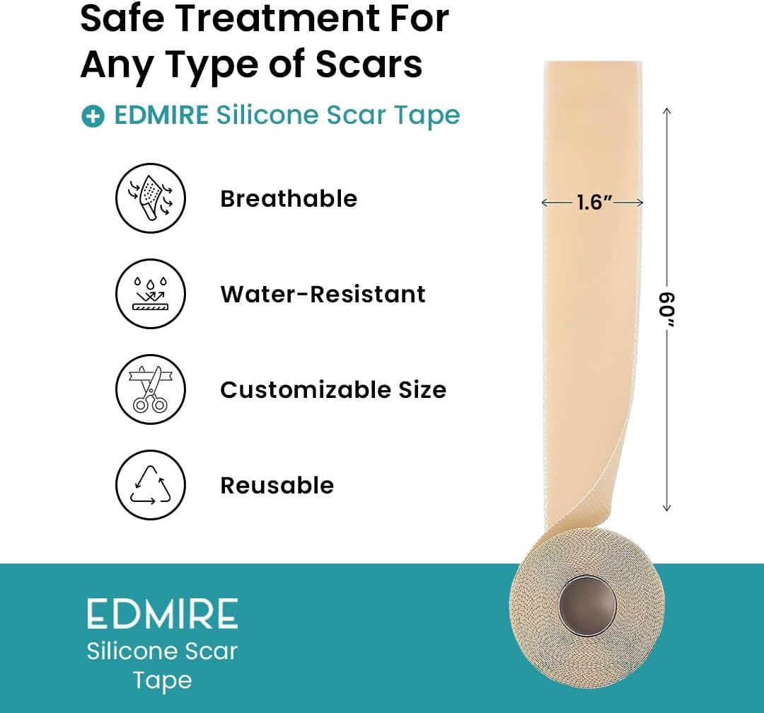 Edmire Silicone Scar Tape &ndash; Soft Reusable Scar Sheets for Surgical Scars, C-Section, Keloid & Burn Marks &ndash; Gentle, Breathable & Waterproof Scar Strips (1.6&rdquo; &times; 60&rdquo; Roll &ndash; 1.5 M, Skin Tone) image number 2