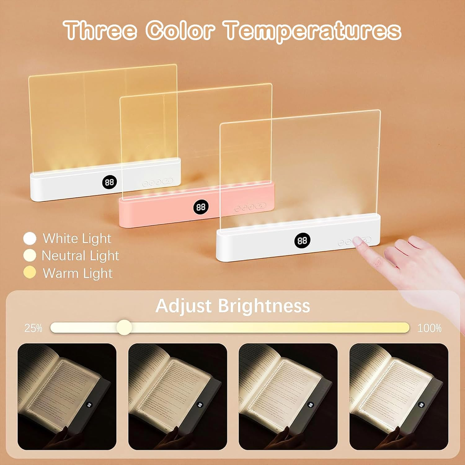 TSWCBYYLB Rechargeable Flat Dimmable Clear Panel LED Book Light with Timer & 3 Colors for Reading in Bed at Night (Pink) - White image number 7