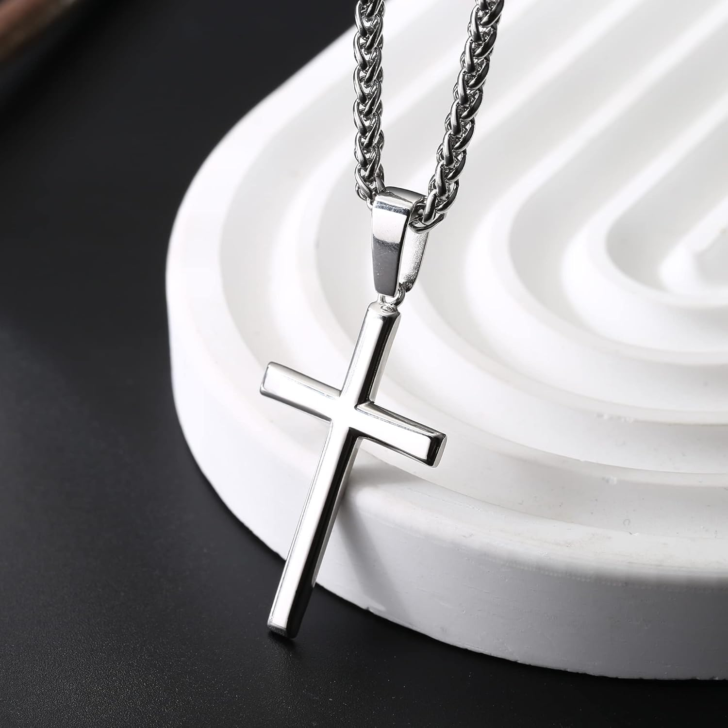 Kakonia 925 Sterling Silver Cross Necklace for Men Women 3Mm Stainless Steel Wheat Cross Chain Crucifix Pendant Silver Cross Chain Necklace Jewelry 16-30 Inches image number 1