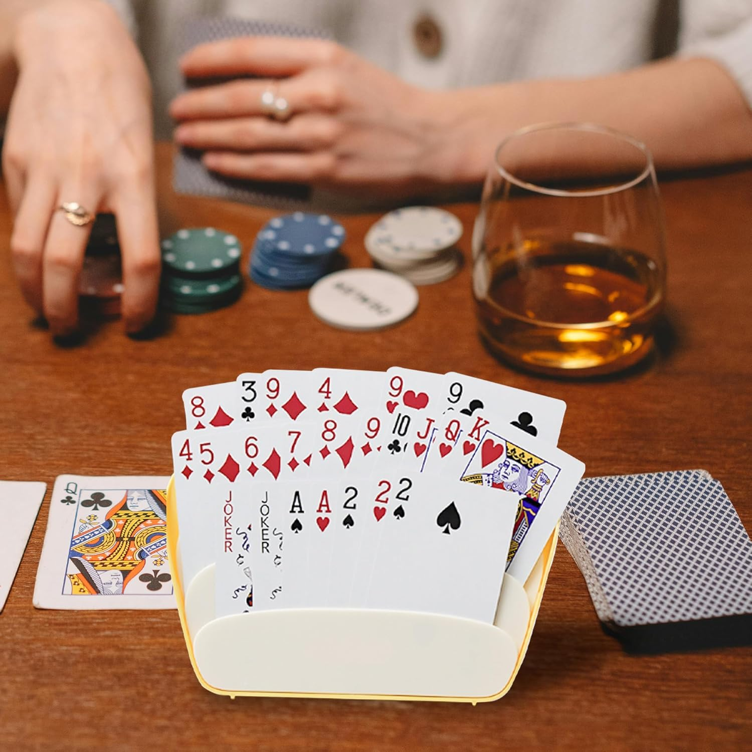 Card Holders for Playing Cards, 2 PCS Playing Card Holders for Adults, 3 Layers Design Game Card Holder for Poker Parties, Family Card Game Nights (Red, Yellow) image number 6