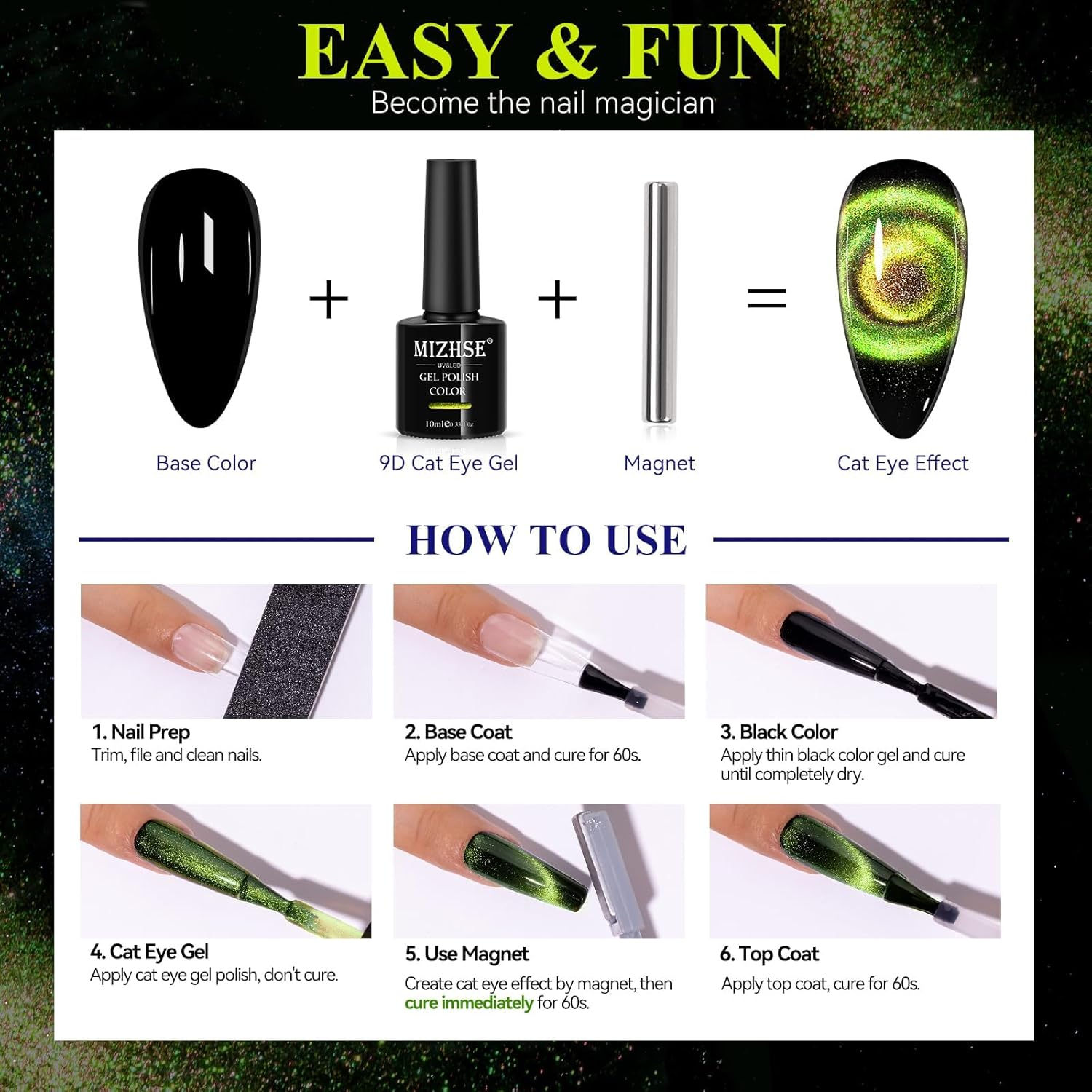 MIZHSE Cat Eye Gel Nail Polish, Bright Green Magnetic Gel Polish with Magnet Stick, Magic Shimmer Galaxy Effect Holographic Glitter Silky Cat Eye Nail Polish Soak off Nail Art Manicure at Home