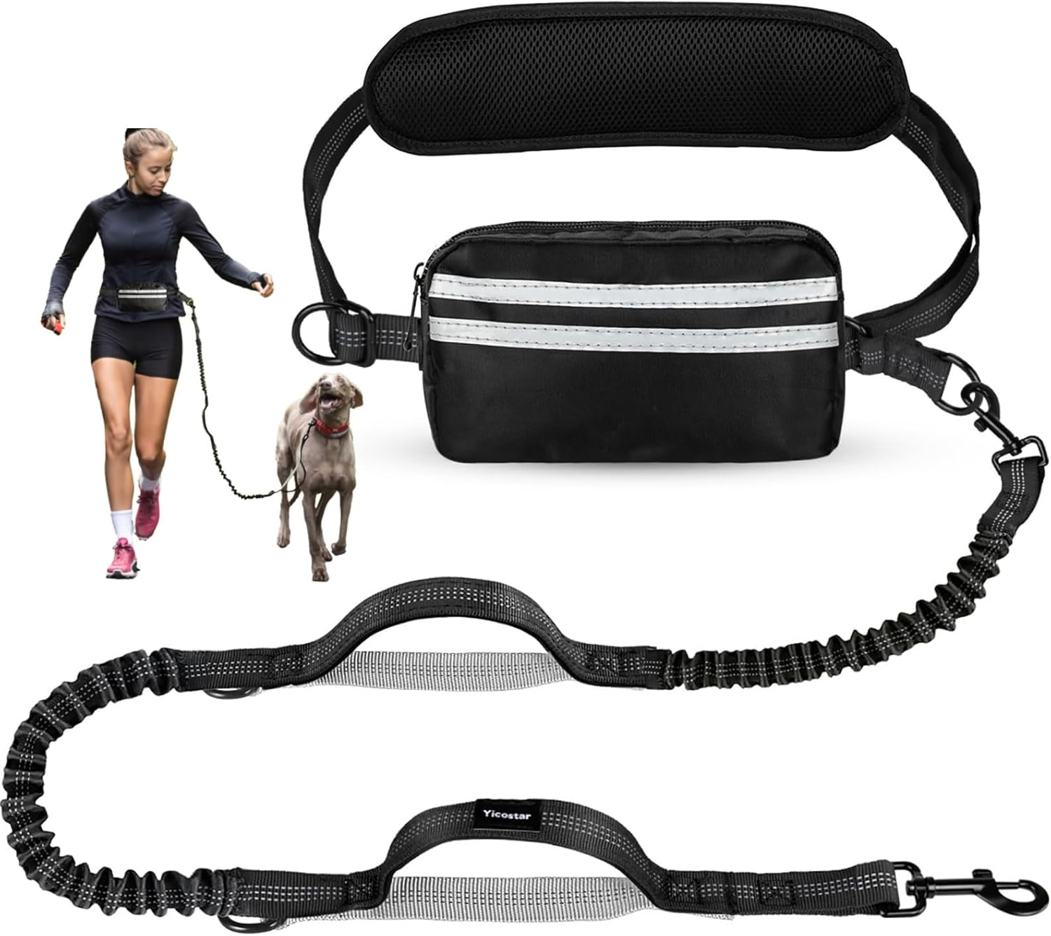 VCCLFSIA Hands Free Dog Leash with Zipper Pouch, Dog Running Leash with Adjustable Waist Belt, Double Padded Handles, Safety Harness Buckle, Reflective Retractable Bungee for Medium & Large Dogs image number 6