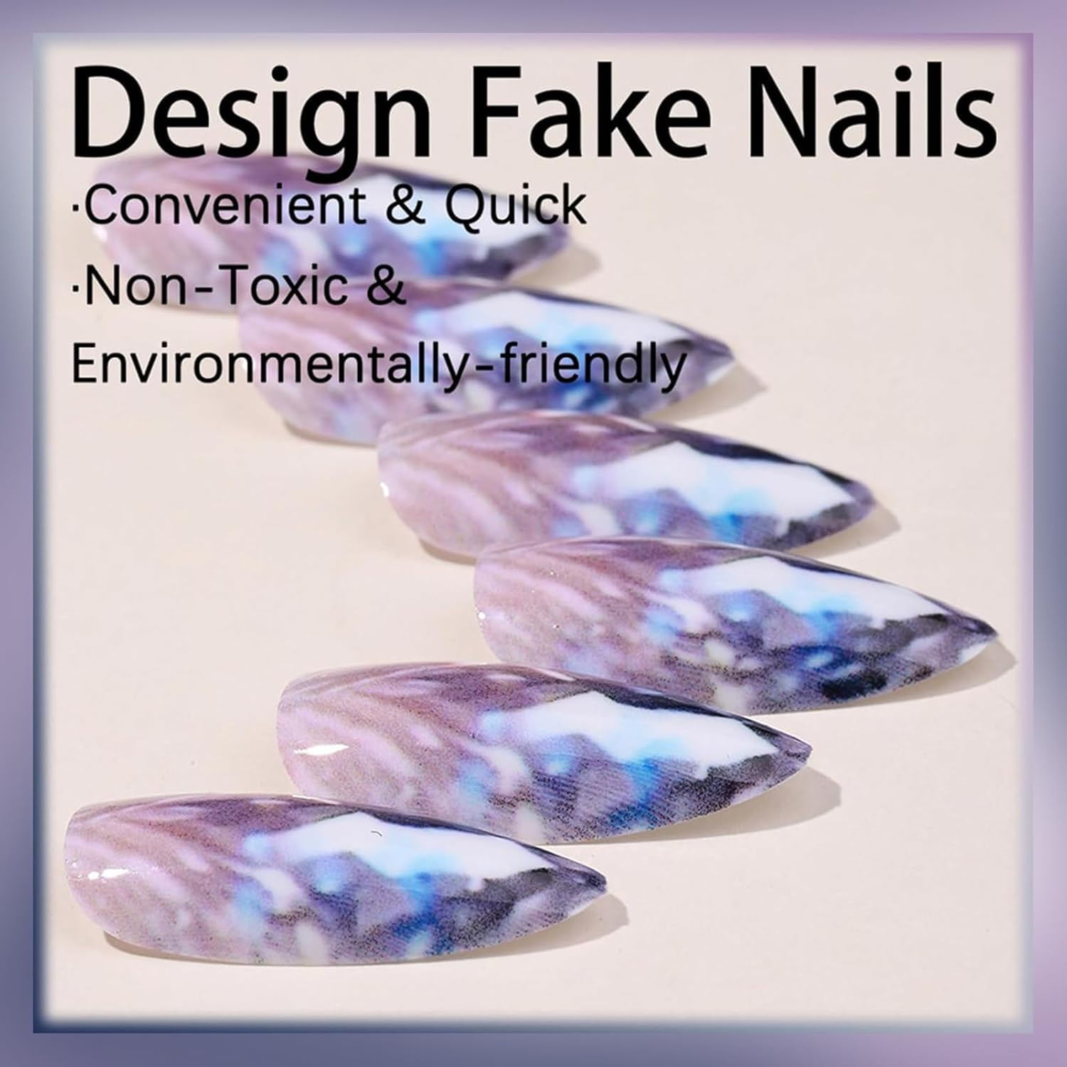 Qioon 24 Pcs Medium Almond Press-On Nails, French Gradient Light Purple Fake Nails with Rhinestones, Stick-On False Fingernails with Adhesive Tabs for Women and Girls