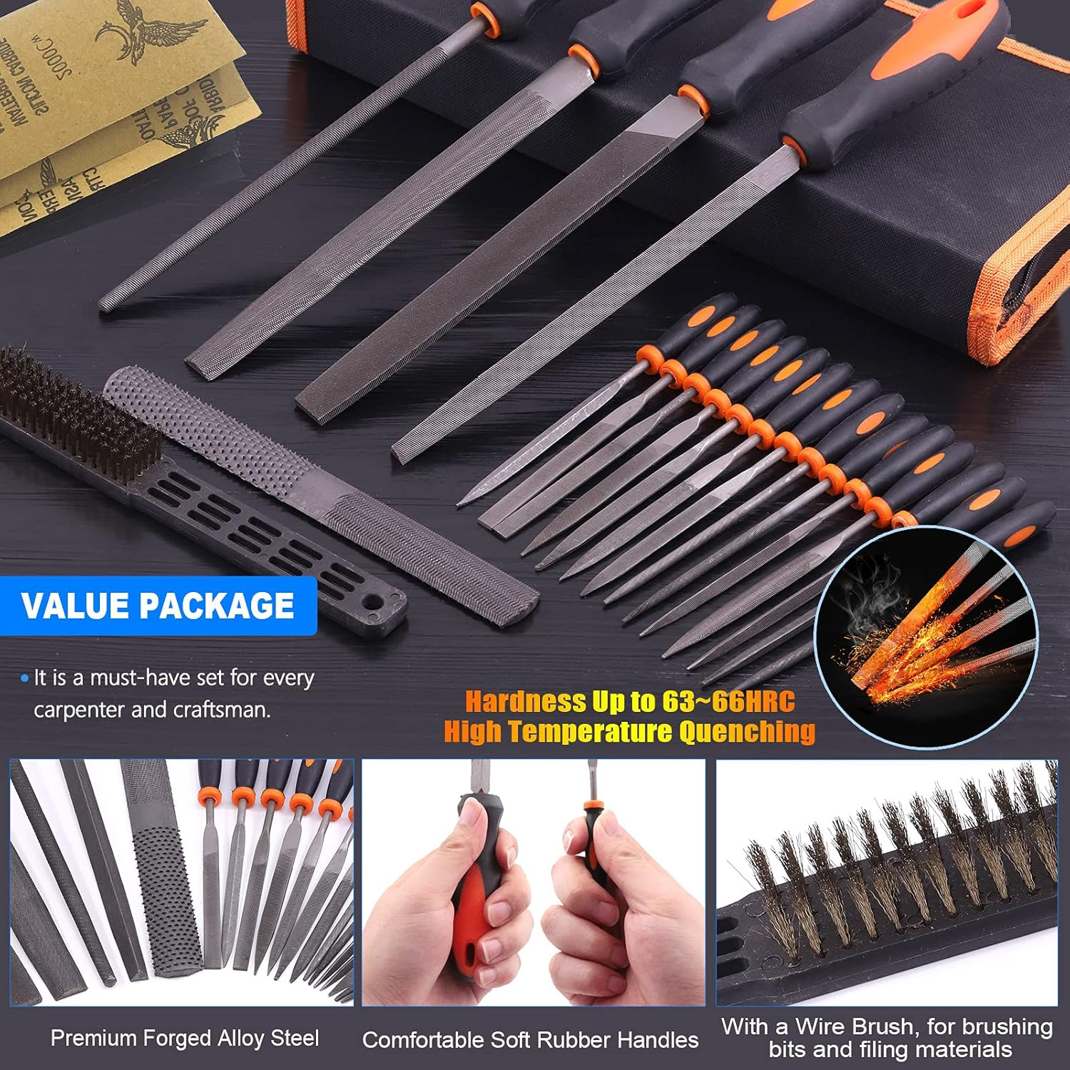 Glarks 25Pcs Hand Metal File Set Include 4Pcs Flat/Triangle/Half-Round/Round Large File, 12Pcs Needle Files, 1 Brush, 4Pcs Sandpaper and 4 Way Wood Rasp File for Shaping Metal, Wood, and Tools image number 4