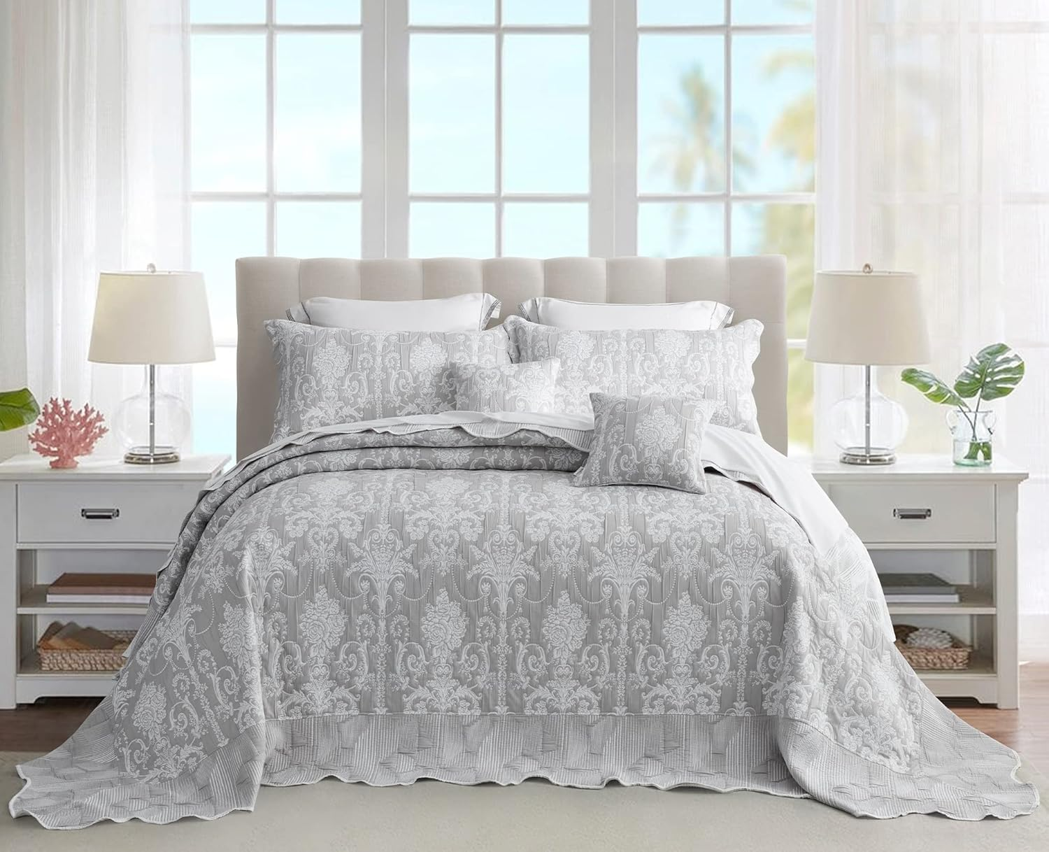 Blythease Oversized King Bedspread, Jacquard Matelasse Damask Pattern Design, Lightweight, Reversible, 5 Piece, 100% Microfiber, Gray image number 2