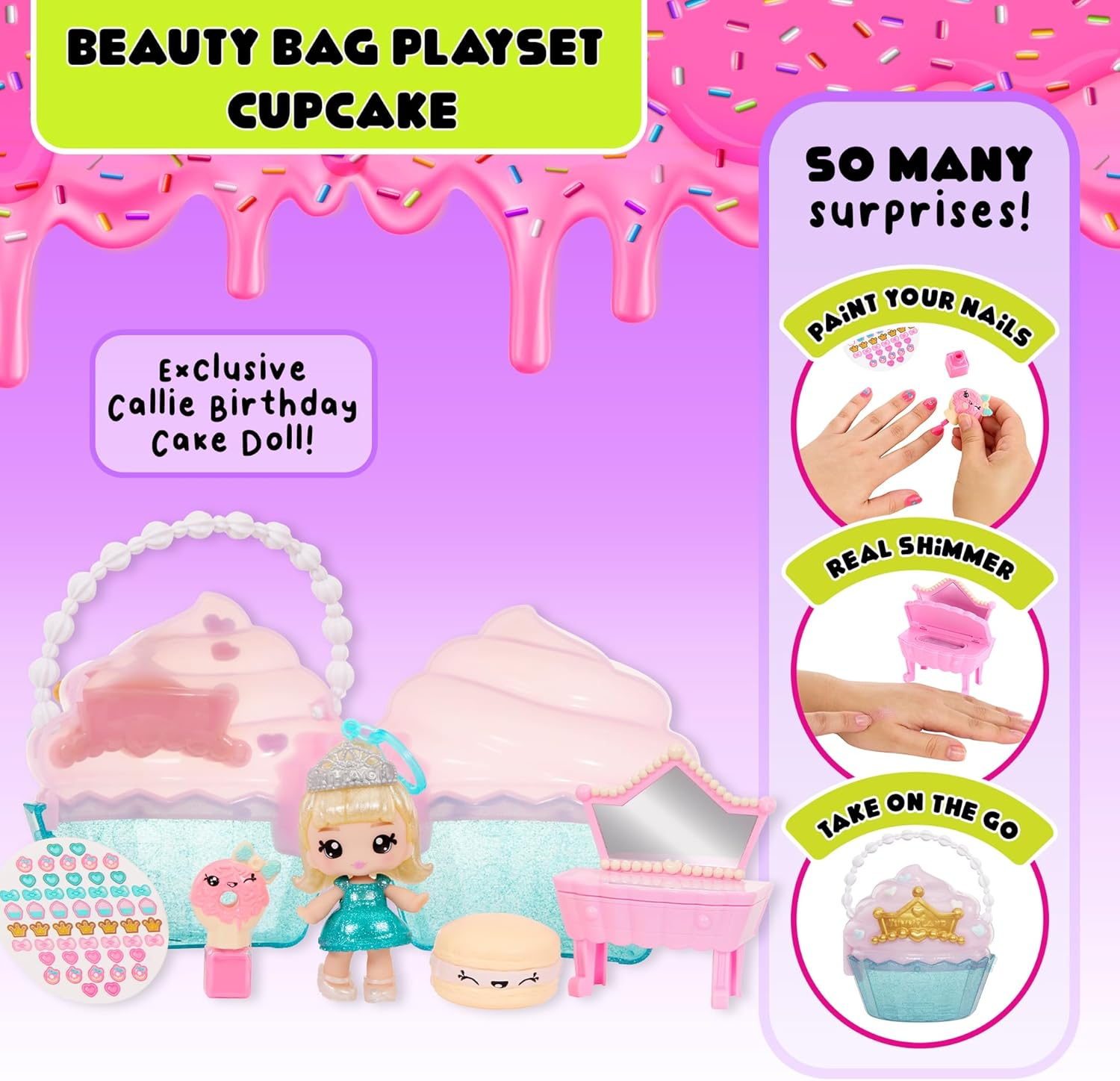 Yummiland Beauty Bag Playset + Lip Gloss Doll - Cupcake Bag Includes Exclusive Callie Birthday Cake, Nail Polish + Nail Stickers, Body Shimmer, Doll Playset, Cosmetic Play 4+ - Ice Cream Bag image number 2